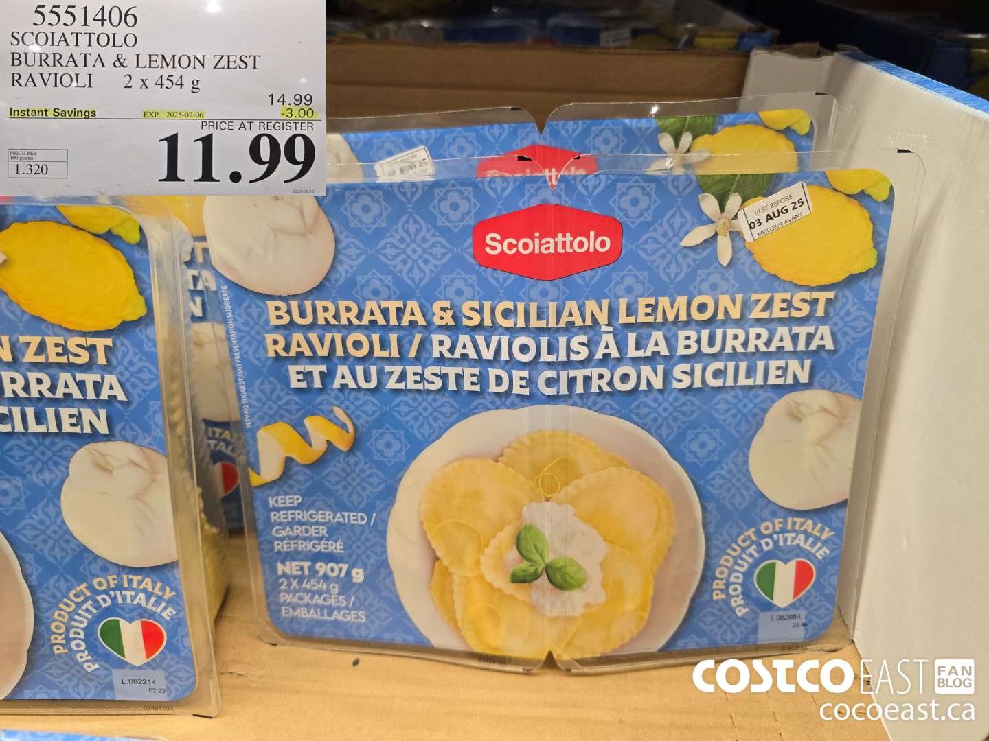 5551406 SCOIATTOLO BURRATA & LEMON ZEST RAVIOLI 2 x 454 G ($3.00 INSTANT SAVINGS EXPIRES ON 2025-07-06) $11.99