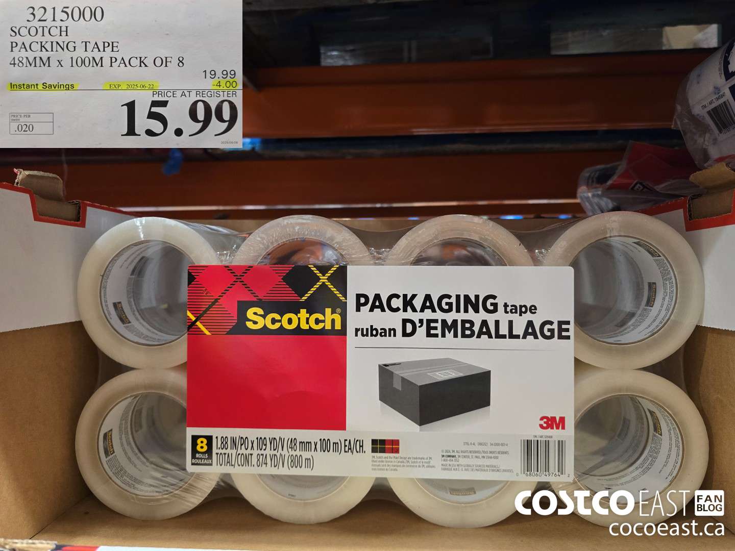 3215000 SCOTCH PACKING TAPE 48MM x 100M PACK OF 8 ($4.00 INSTANT SAVINGS EXPIRES ON 2025-06-22) $15.99