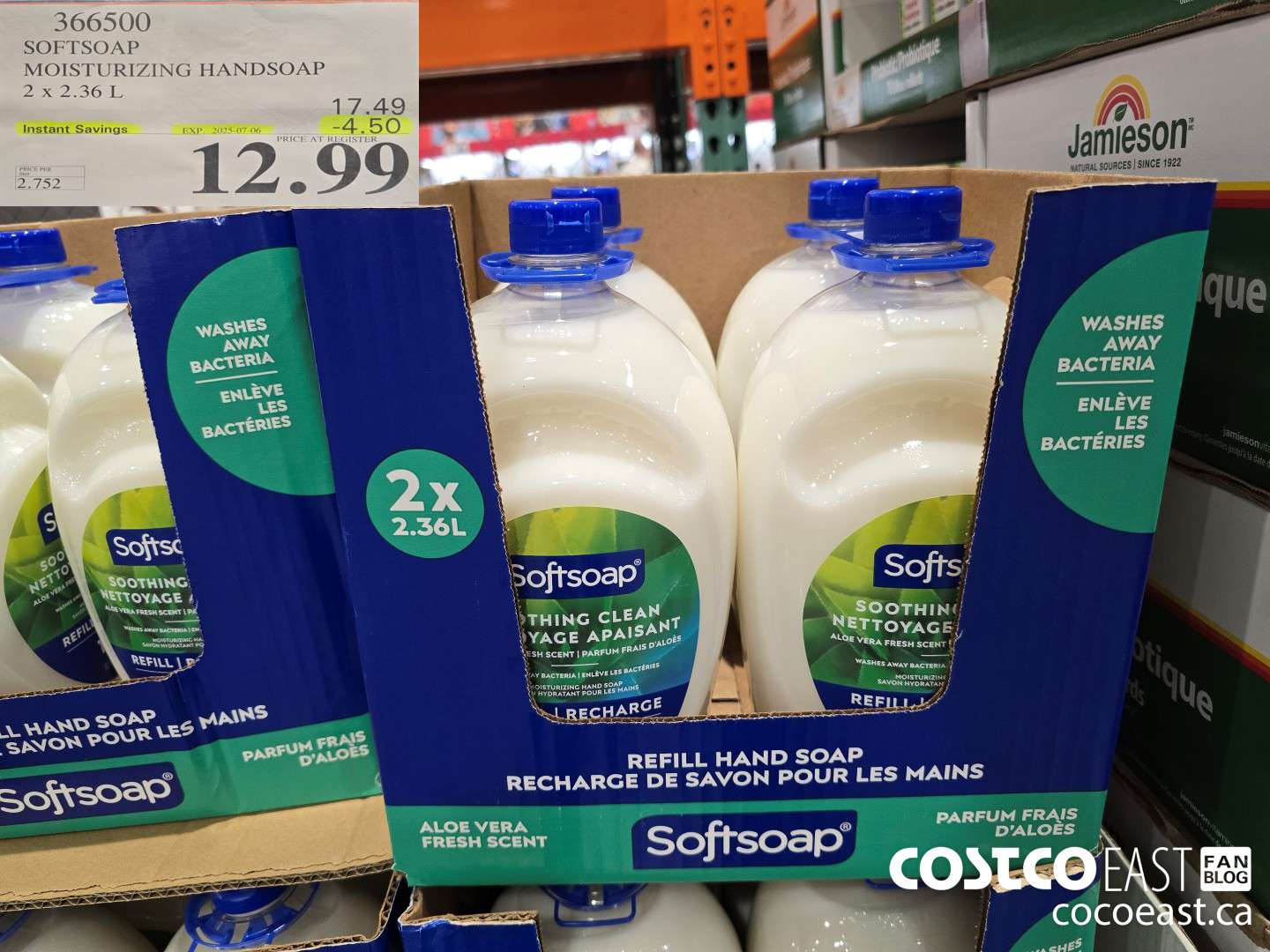 366500 SOFTSOAP HANDSOAP WITH ALOE 2 X 2.36 L ($4.50 INSTANT SAVINGS EXPIRES ON 2025-07-06) $12.99