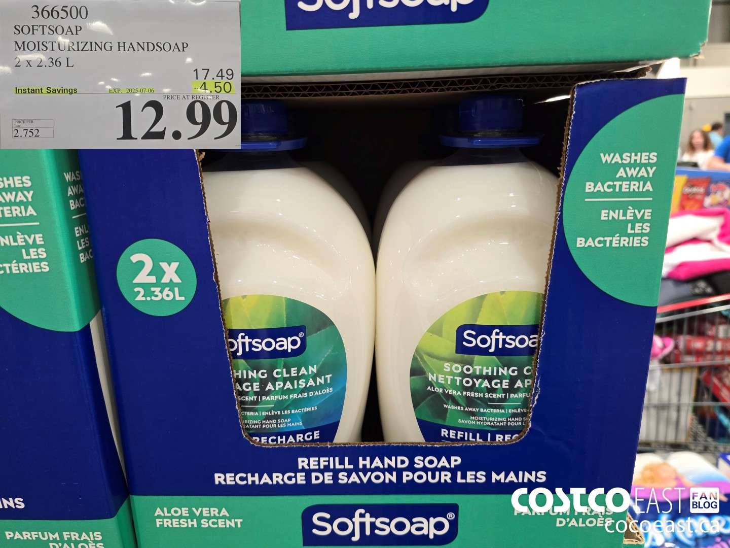 366500 SOFTSOAP HANDSOAP WITH ALOE 2 X 2.36 L ($4.50 INSTANT SAVINGS EXPIRES ON 2025-07-06) $12.99