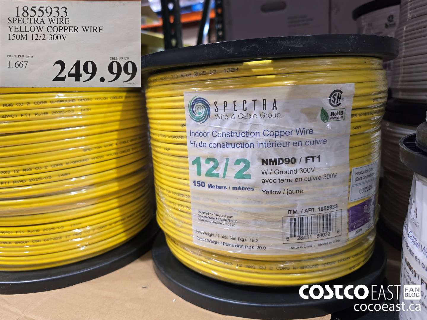1855933 SPECTRA WIRE YELLOW COPPER WIRE 150M 12/2 300V $249.99