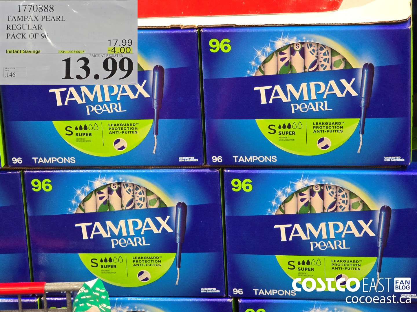1770888 TAMPAX PEARL REGULAR PACK OF 96 ($4.00 INSTANT SAVINGS EXPIRES ON 2025-06-15) $13.99