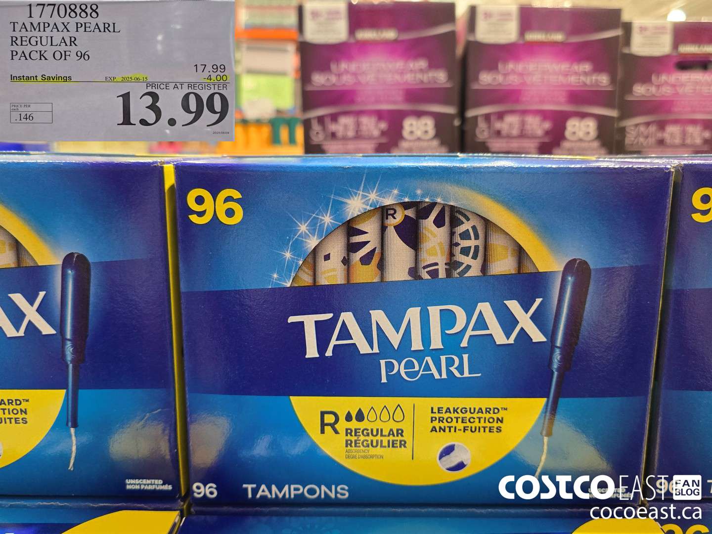 1770888 TAMPAX PEARL REGULAR PACK OF 96 ($4.00 INSTANT SAVINGS EXPIRES ON 2025-06-15) $13.99