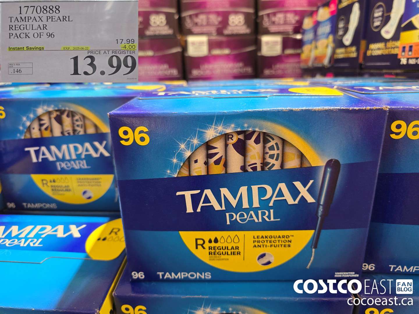 1770888 TAMPAX PEARL REGULAR PACK OF 96 ($4.00 INSTANT SAVINGS EXPIRES ON 2025-06-22) $13.99