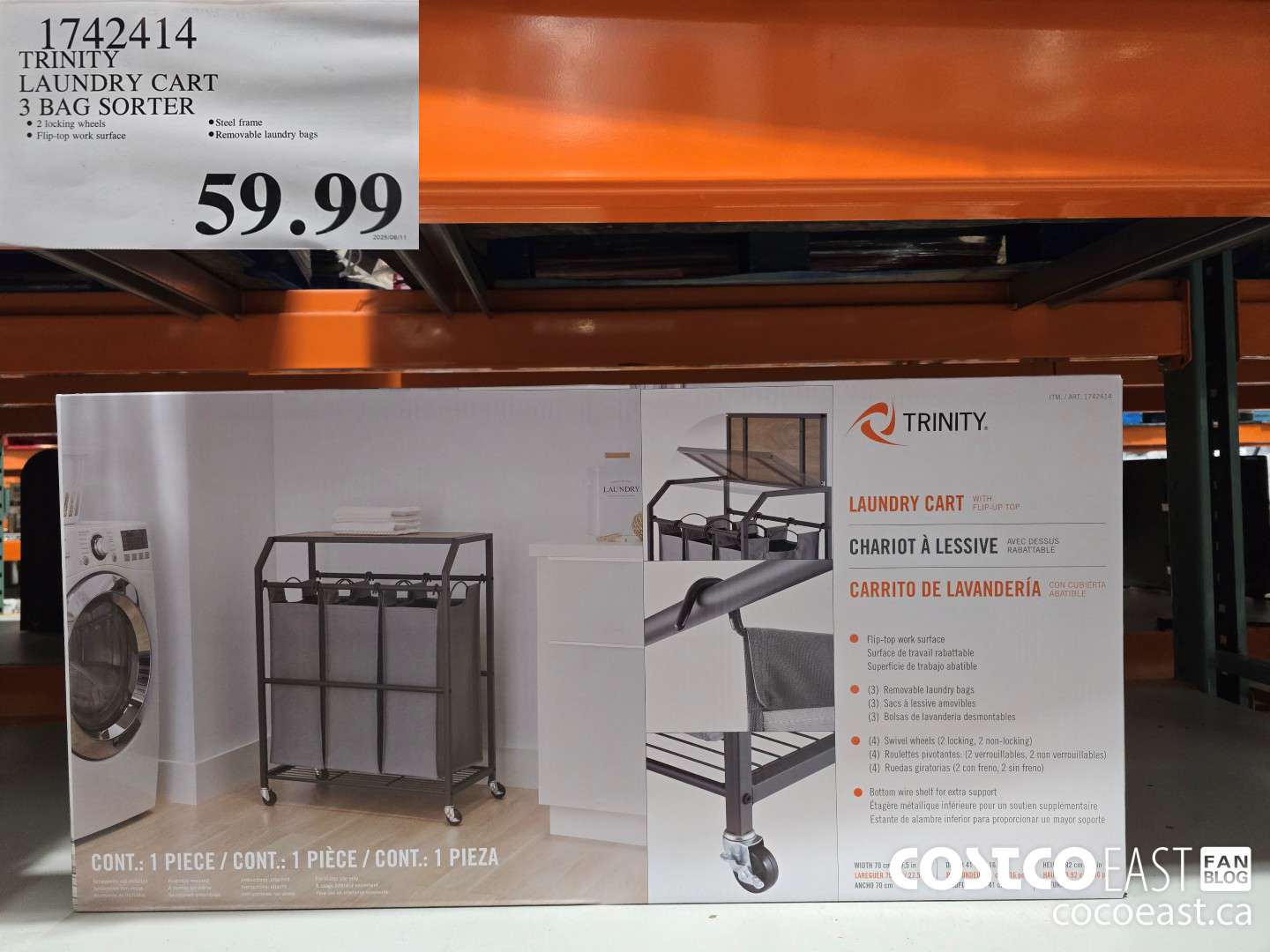 1742414 TRINITY LAUNDRY CART 3 BAG SORTER $59.99