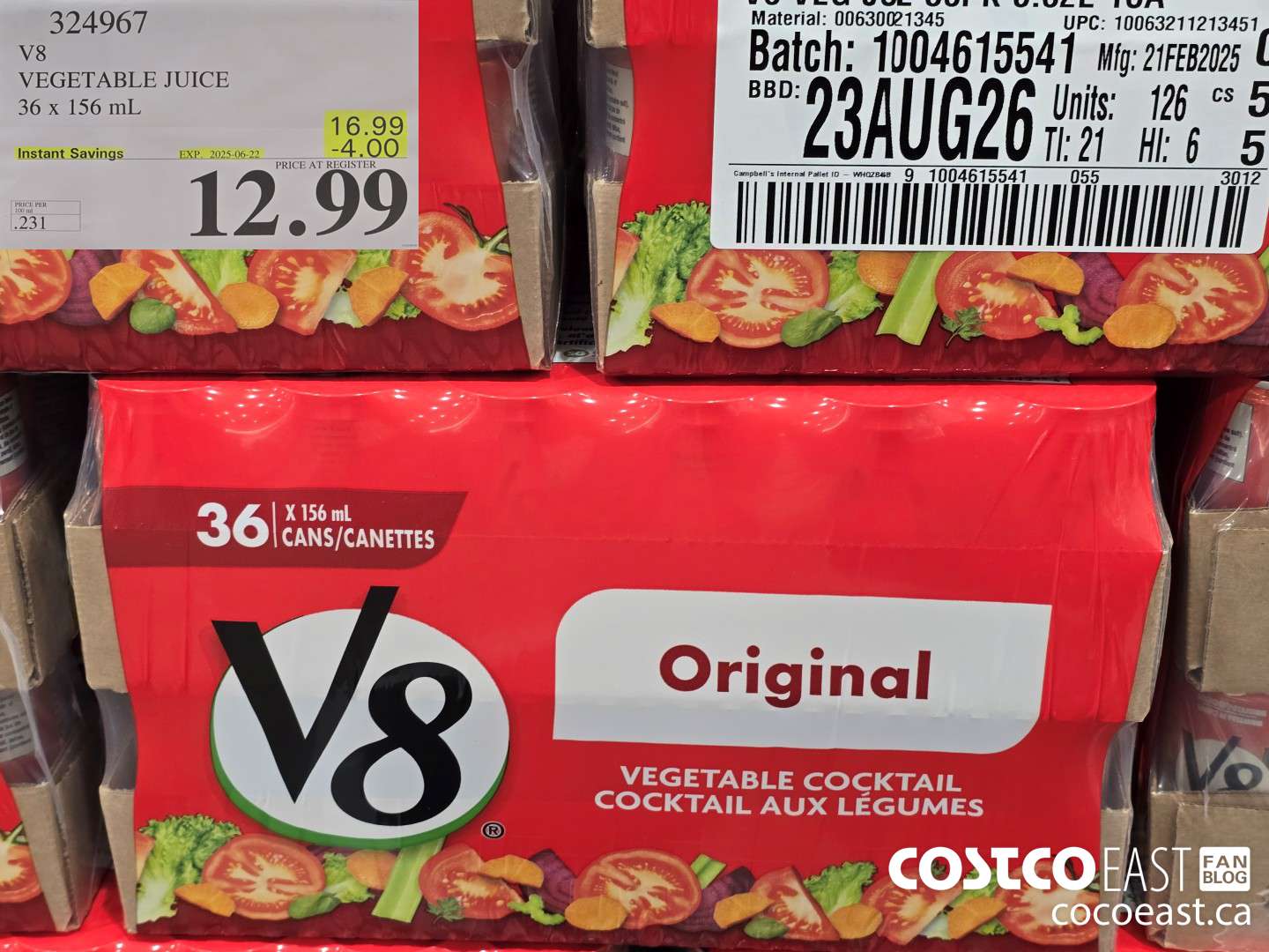 324967 V8 VEGETABLE JUICE 36 x 156 mL ($4.00 INSTANT SAVINGS EXPIRES ON 2025-06-22) $12.99