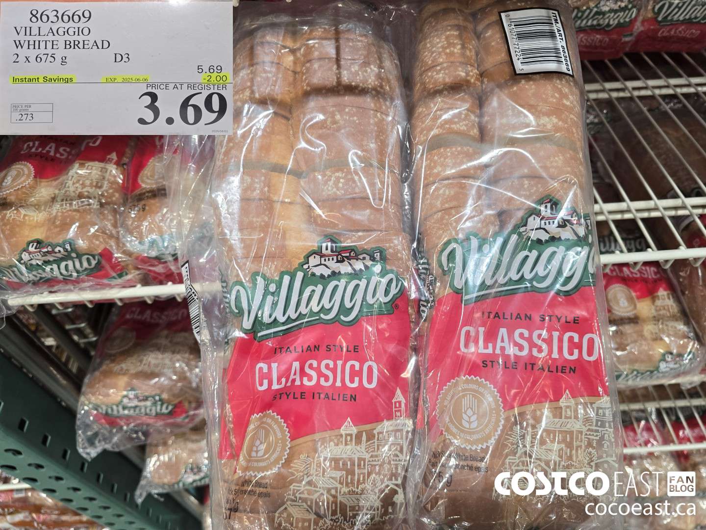 863669 VILLAGGIO WHITE BREAD 2 X 675G ($2.00 INSTANT SAVINGS EXPIRES ON 2025-06-06) $3.69
