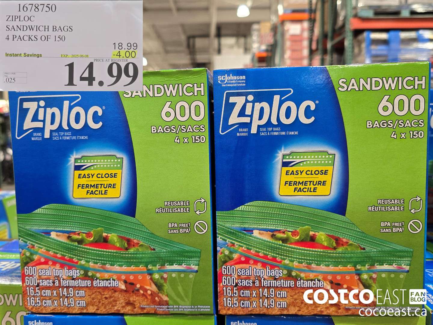 1678750 ZIPLOC SANDWICH BAGS 4 PACKS OF 150 ($4.00 INSTANT SAVINGS EXPIRES ON 2025-06-08) $14.99