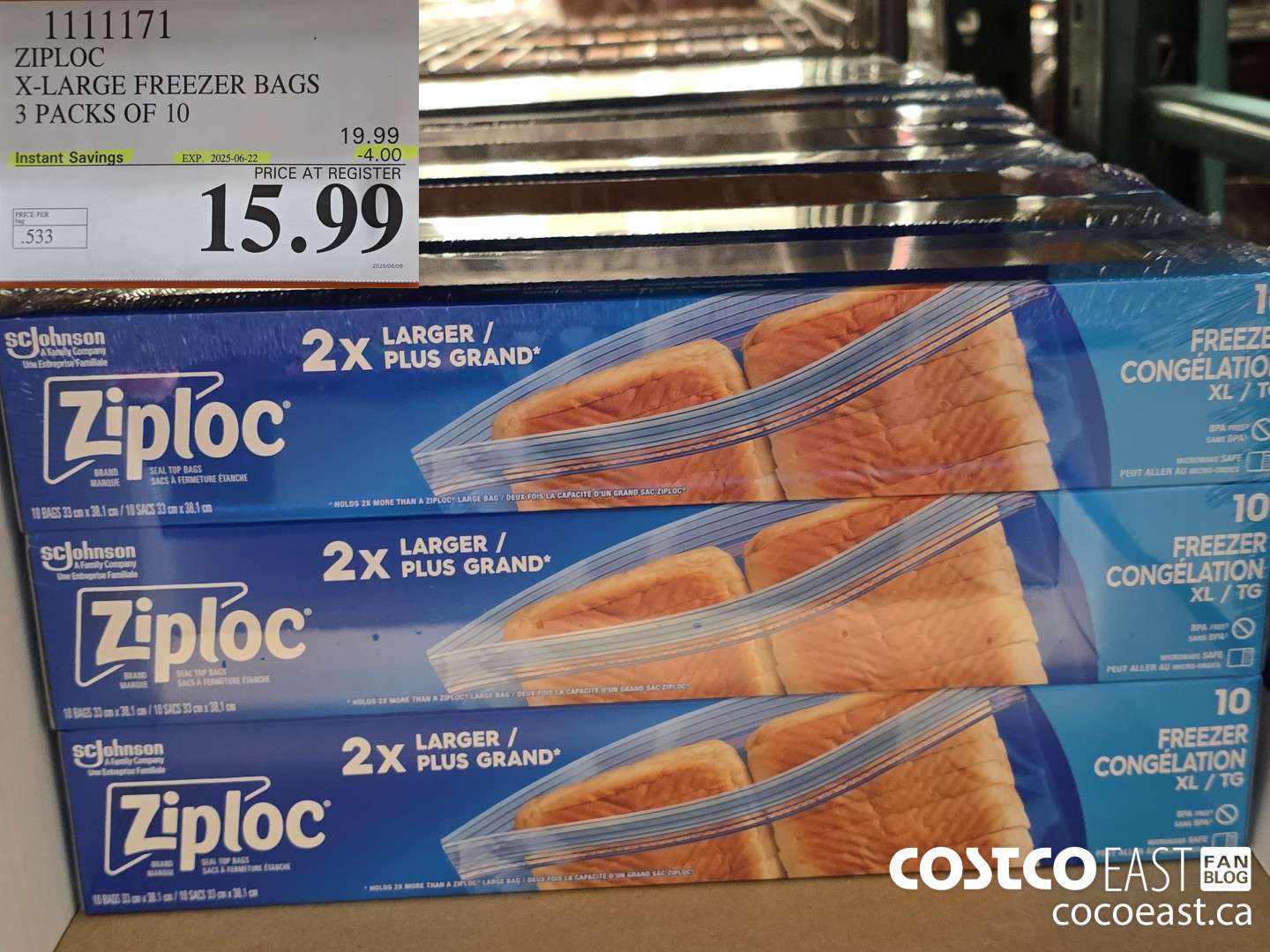 1111171 ZIPLOC X-LARGE FREEZER BAGS 3 PACKS OF 10 ($4.00 INSTANT SAVINGS EXPIRES ON 2025-06-22) $15.99