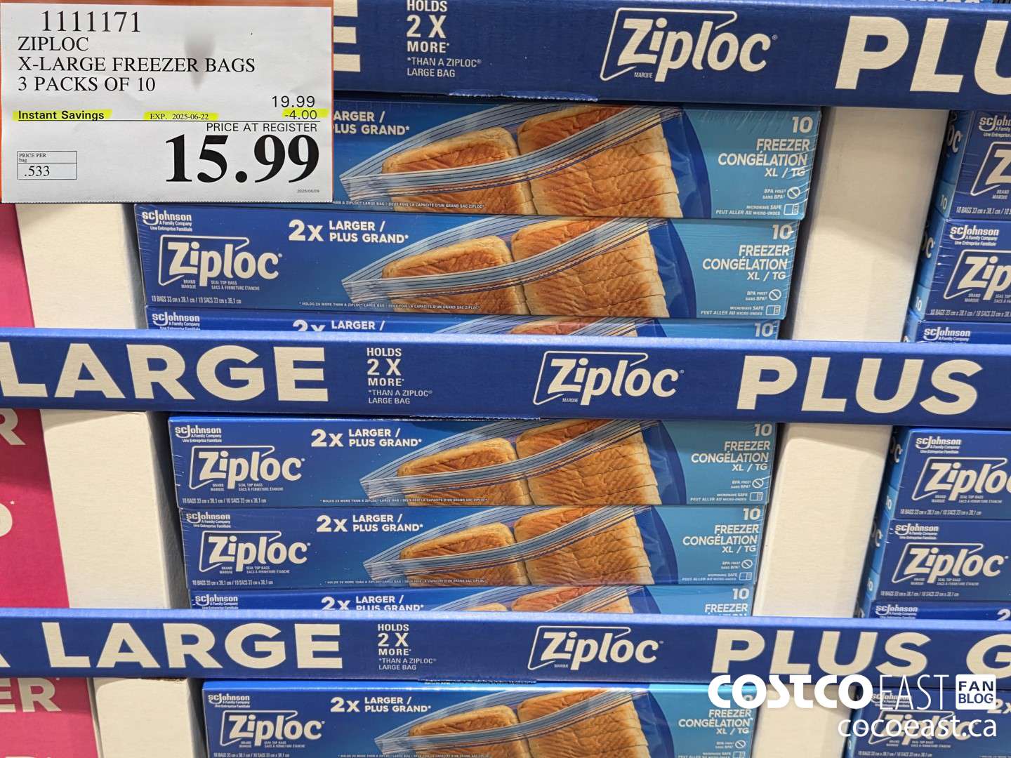 1111171 ZIPLOC X-LARGE FREEZER BAGS 3 PACKS OF 10 ($4.00 INSTANT SAVINGS EXPIRES ON 2025-06-22) $15.99