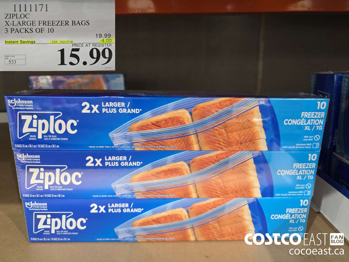 1111171 ZIPLOC X-LARGE FREEZER BAGS 3 PACKS OF 10 ($4.00 INSTANT SAVINGS EXPIRES ON 2025-07-06) $15.99