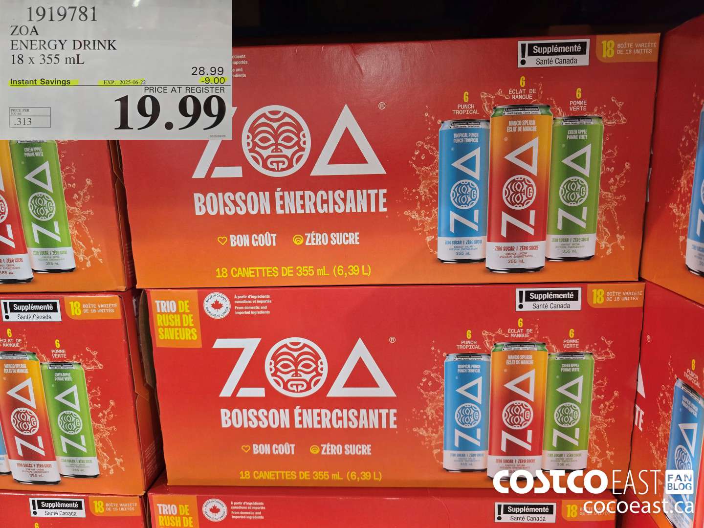 1919781 ZOA ENERGY DRINK 18 X 355 ML ($9.00 INSTANT SAVINGS EXPIRES ON 2025-06-22) $19.99