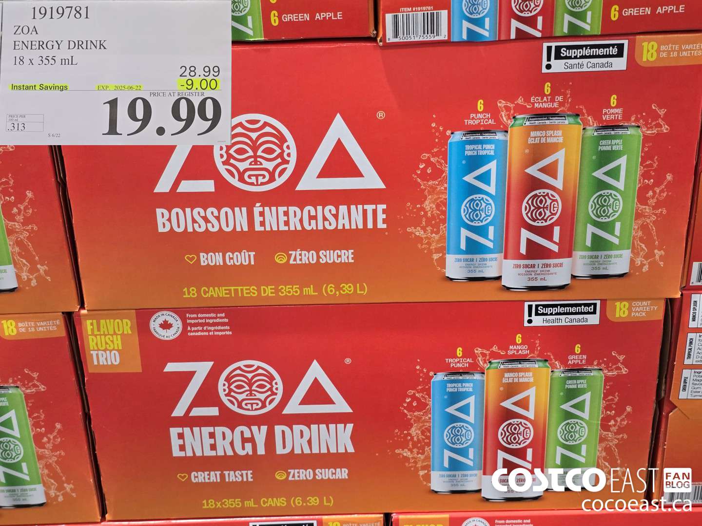 1919781 ZOA ENERGY DRINK 18 X 355 ML ($9.00 INSTANT SAVINGS EXPIRES ON 2025-06-22) $19.99