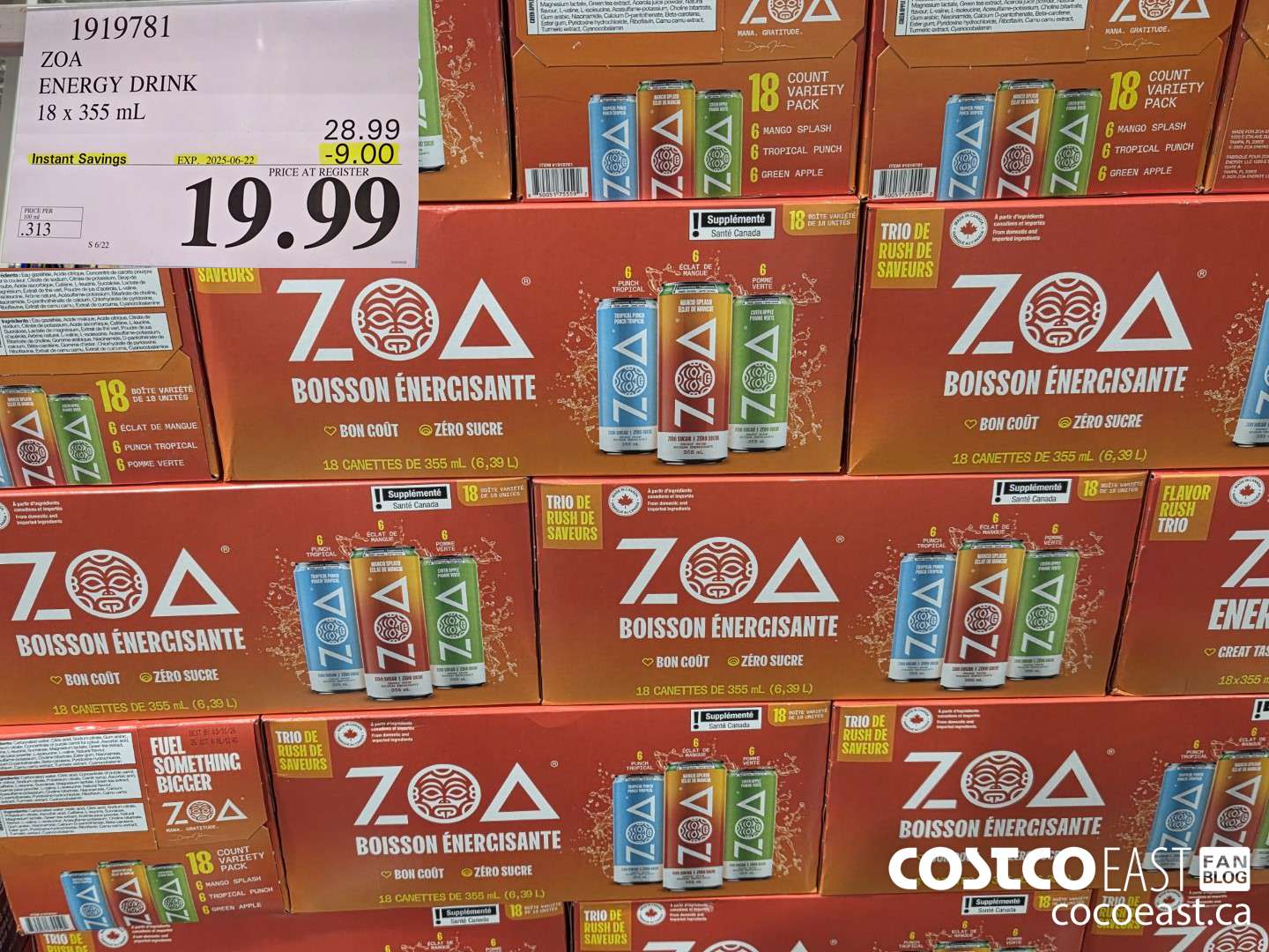 1919781 ZOA ENERGY DRINK 18 X 355 ML ($9.00 INSTANT SAVINGS EXPIRES ON 2025-06-22) $19.99