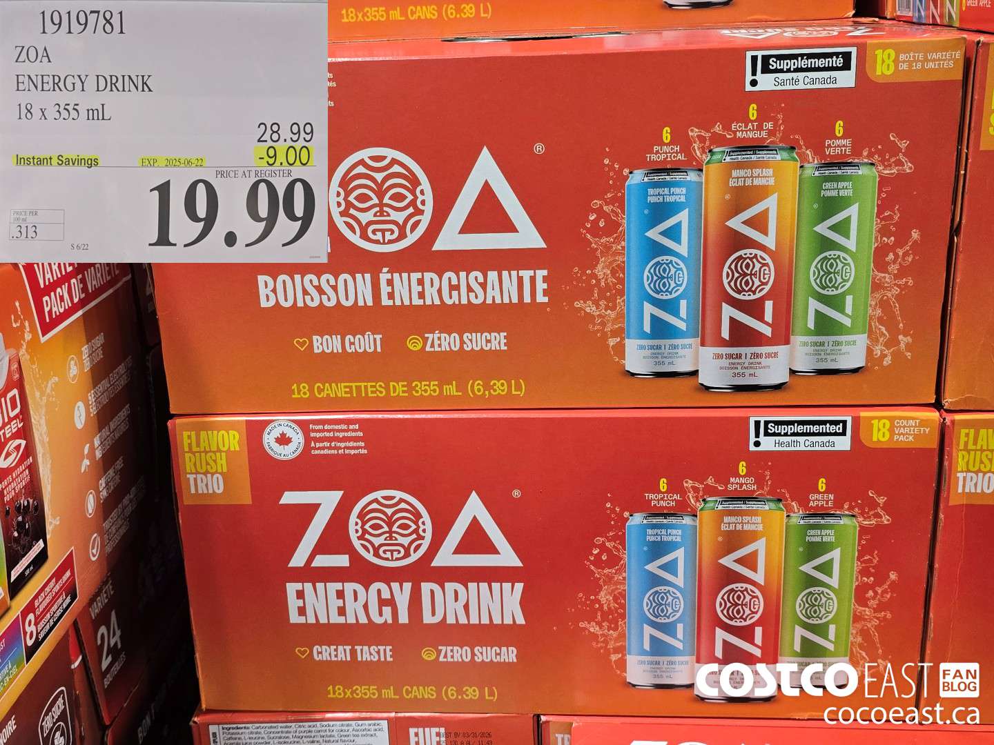1919781 ZOA ENERGY DRINK 18 X 355 ML ($9.00 INSTANT SAVINGS EXPIRES ON 2025-06-22) $19.99