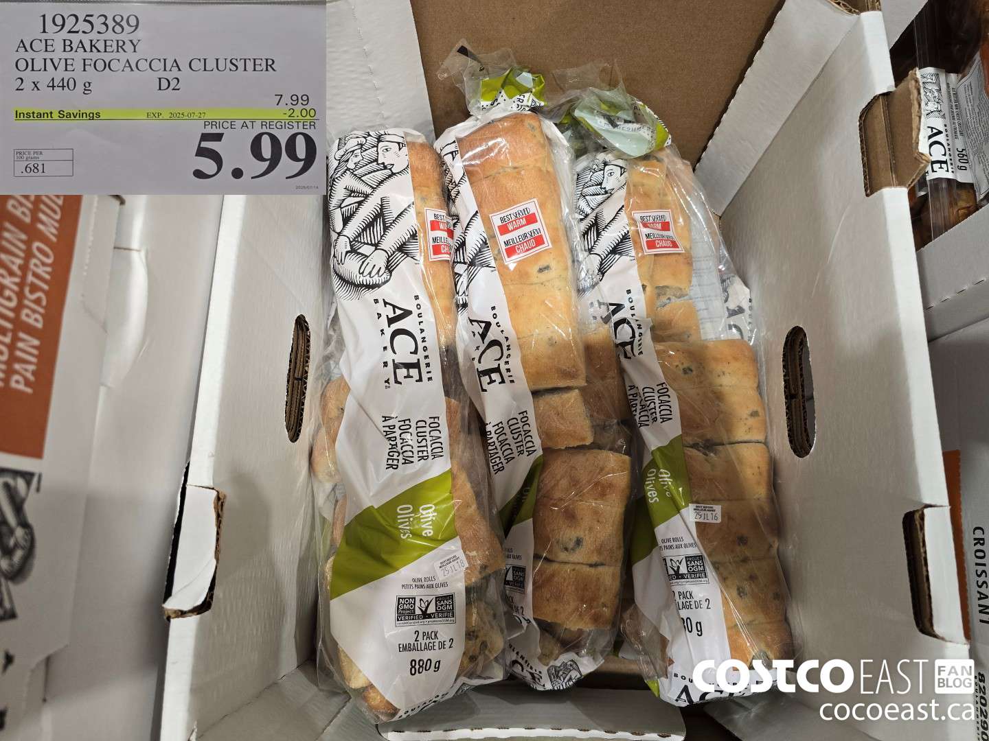 1825389 ACE BAKERY OLIVE FOCACCIA CLUSTER 2x 440 G ($2.00 INSTANT SAVINGS EXPIRES ON 2025-07-27) $5.99