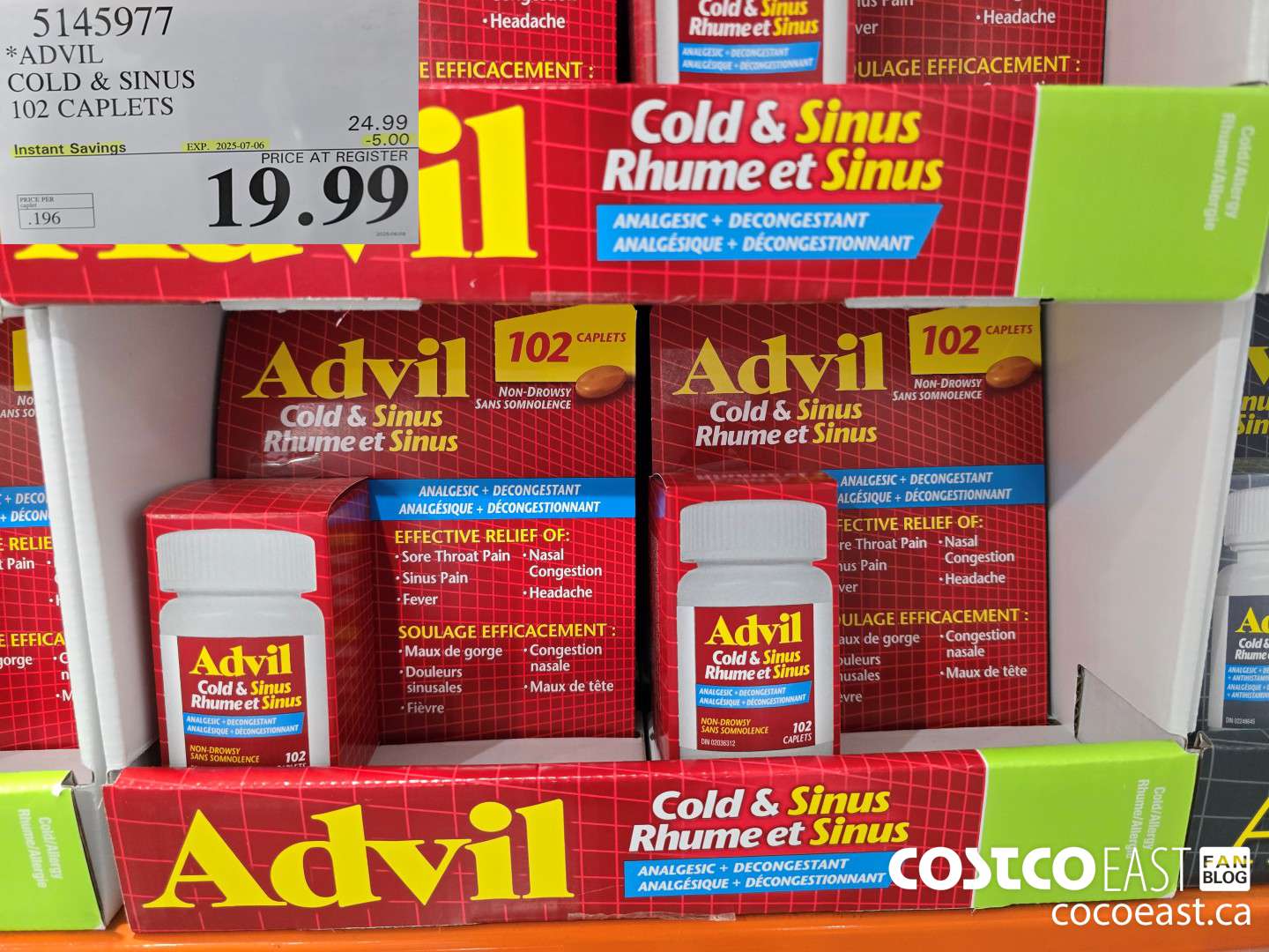 5145977 ADVIL COLD & SINUS 102 CAPLETS ($5.00 INSTANT SAVINGS EXPIRES ON 2025-07-06) $19.99