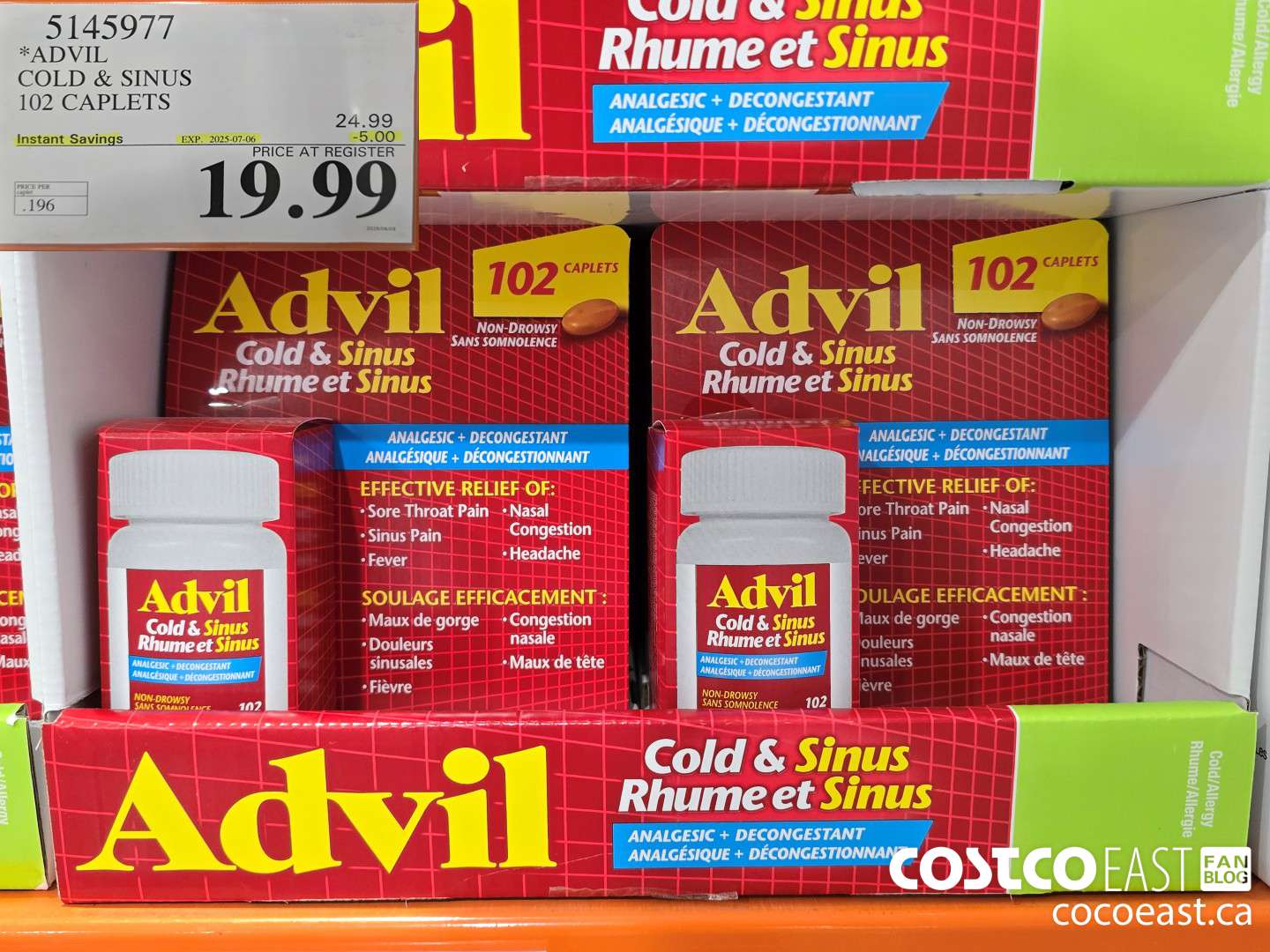 5145977 ADVIL COLD & SINUS 102 CAPLETS ($5.00 INSTANT SAVINGS EXPIRES ON 2025-07-06) $19.99