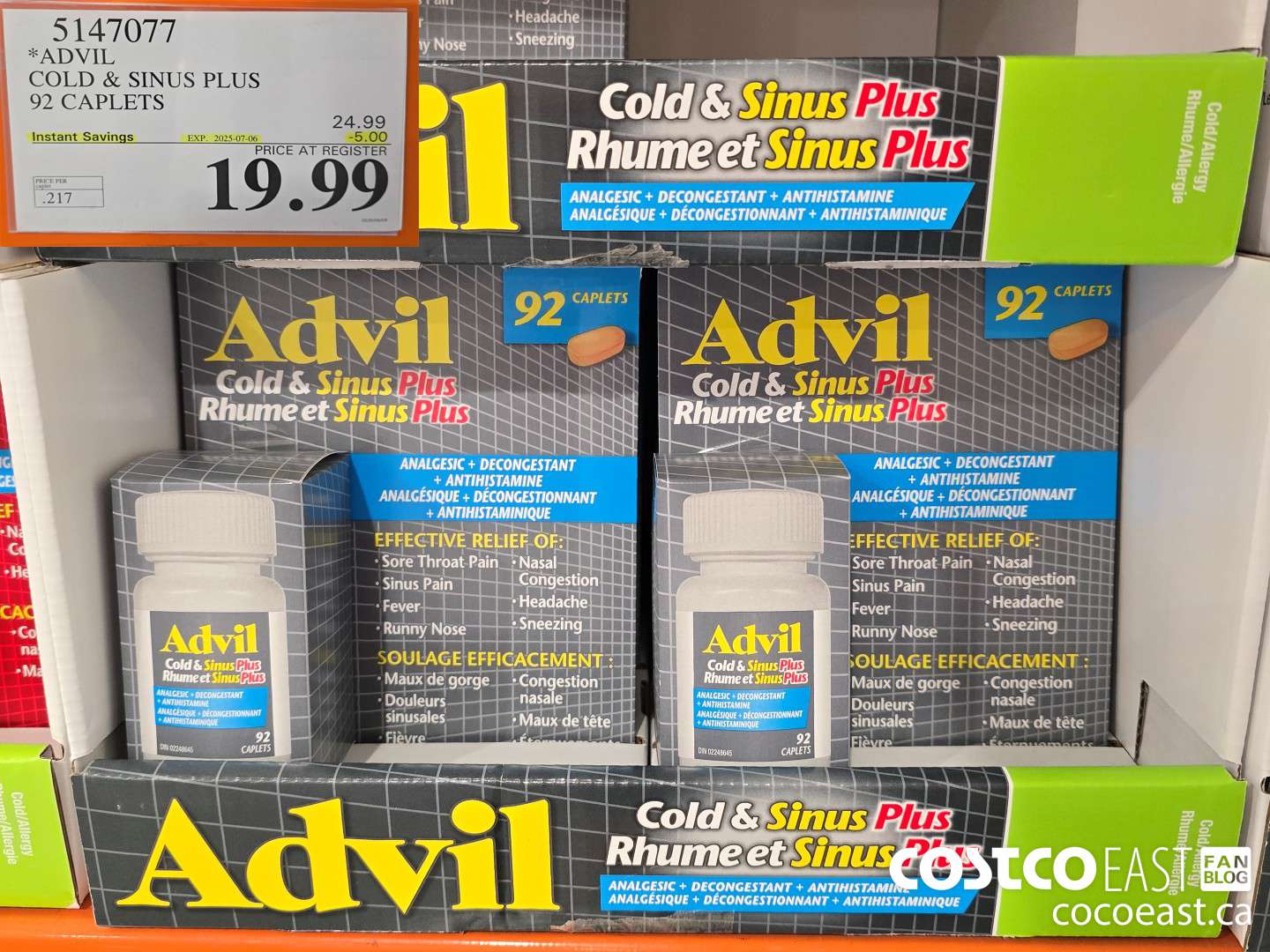 5147077 ADVIL COLD & SINUS PLUS 92 CAPLETS ($5.00 INSTANT SAVINGS EXPIRES ON 2025-07-06) $19.99