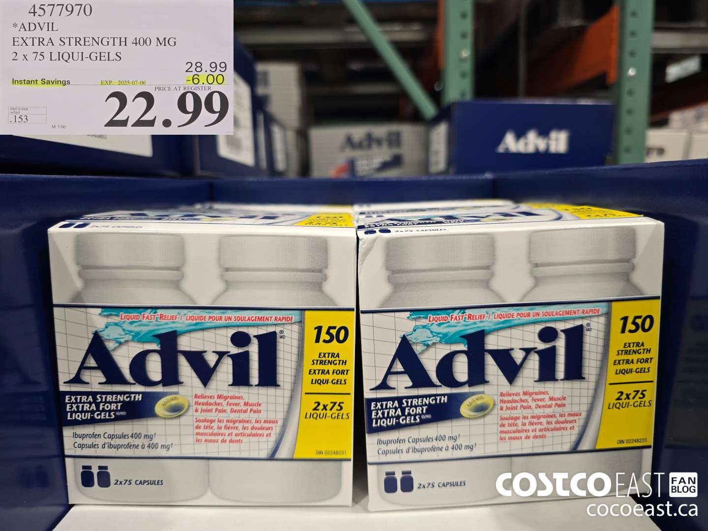 4577970 ADVIL EXTRA STRENGTH 400 MG 2 X 75 LIQUI-GELS ($6.00 INSTANT SAVINGS EXPIRES ON 2025-07-06) $22.99