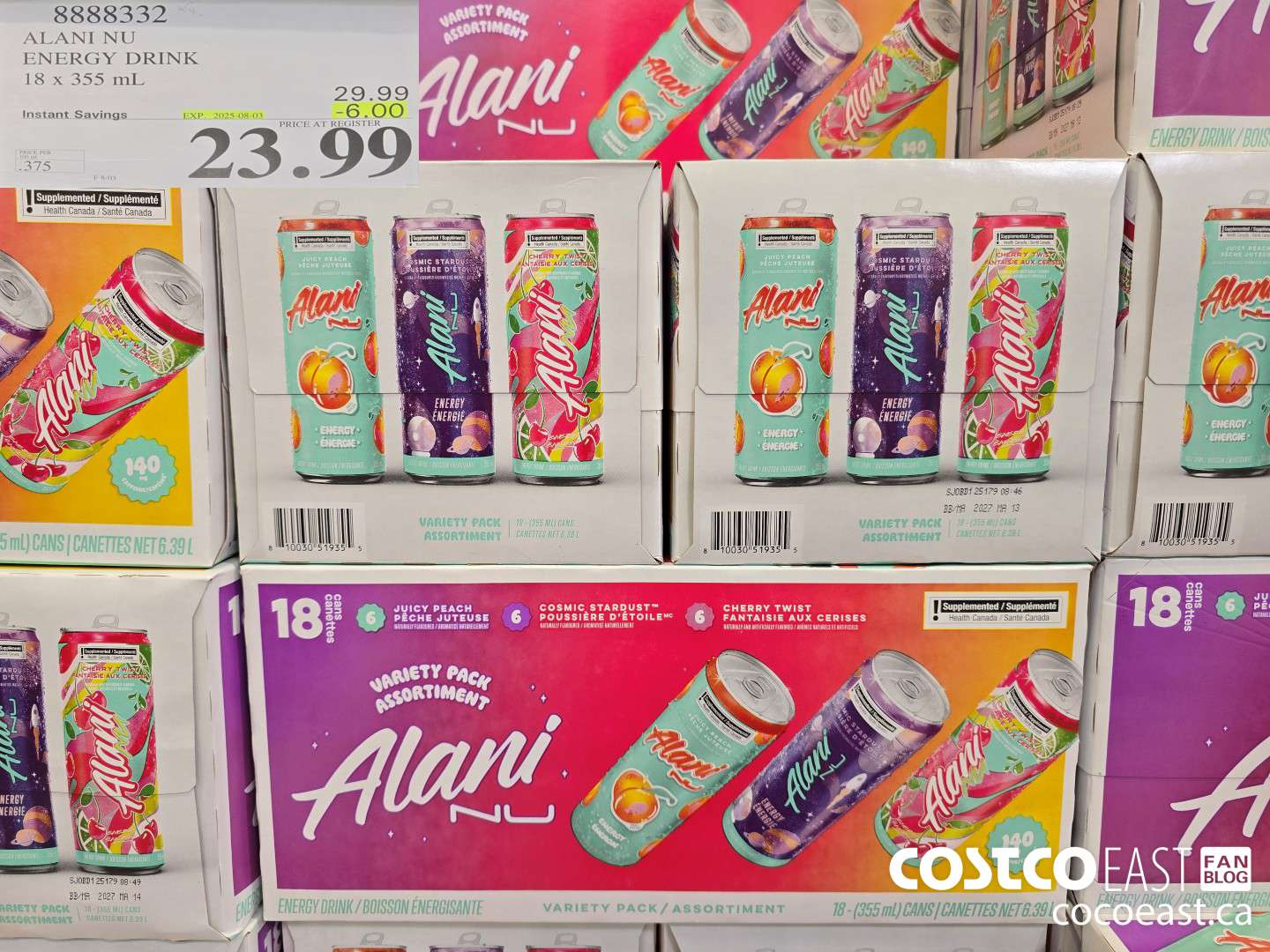 8888332 ALANI NU ENERGY DRINK 18 x 355 mL ($6.00 INSTANT SAVINGS EXPIRES ON 2025-08-03) $23.99