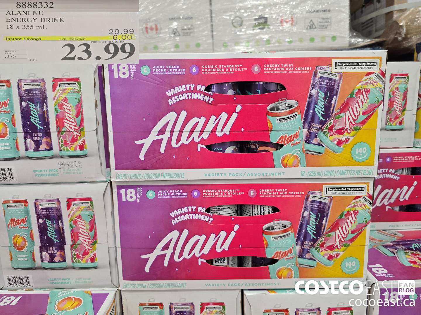 8888332 ALANI NU ENERGY DRINK 18 x 355 mL ($6.00 INSTANT SAVINGS EXPIRES ON 2025-08-03) $23.99
