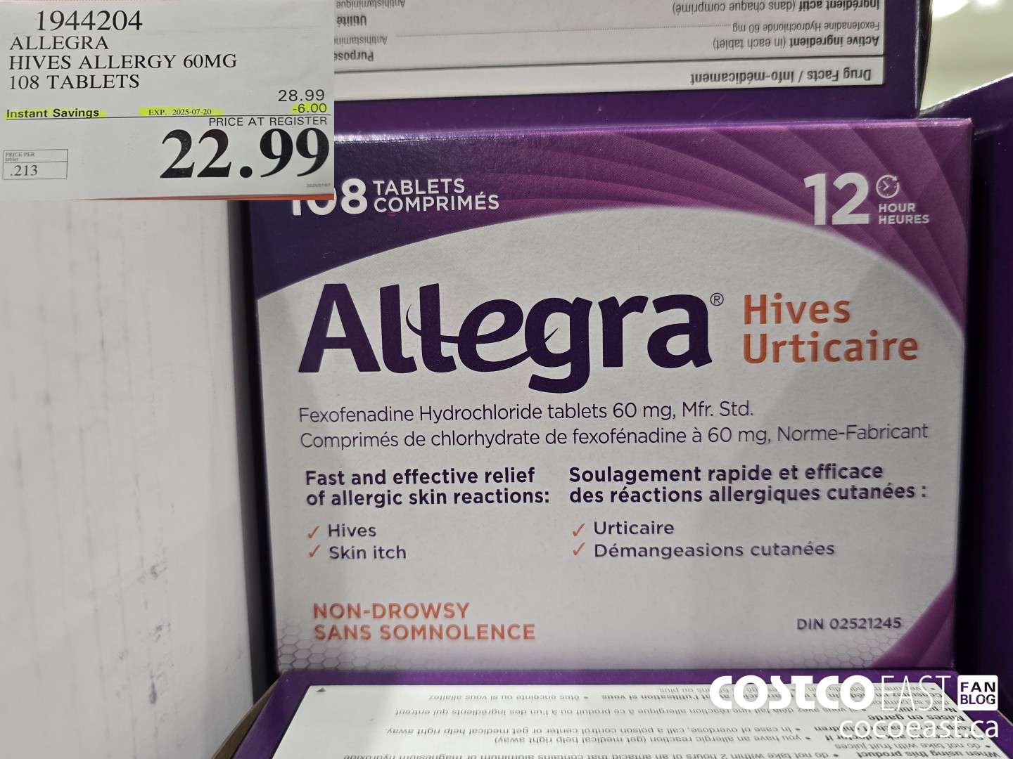 1944204 ALLEGRA HIVES ALLERGY 60MG 108 TABLETS ($6.00 INSTANT SAVINGS EXPIRES ON 2025-07-20) $22.99