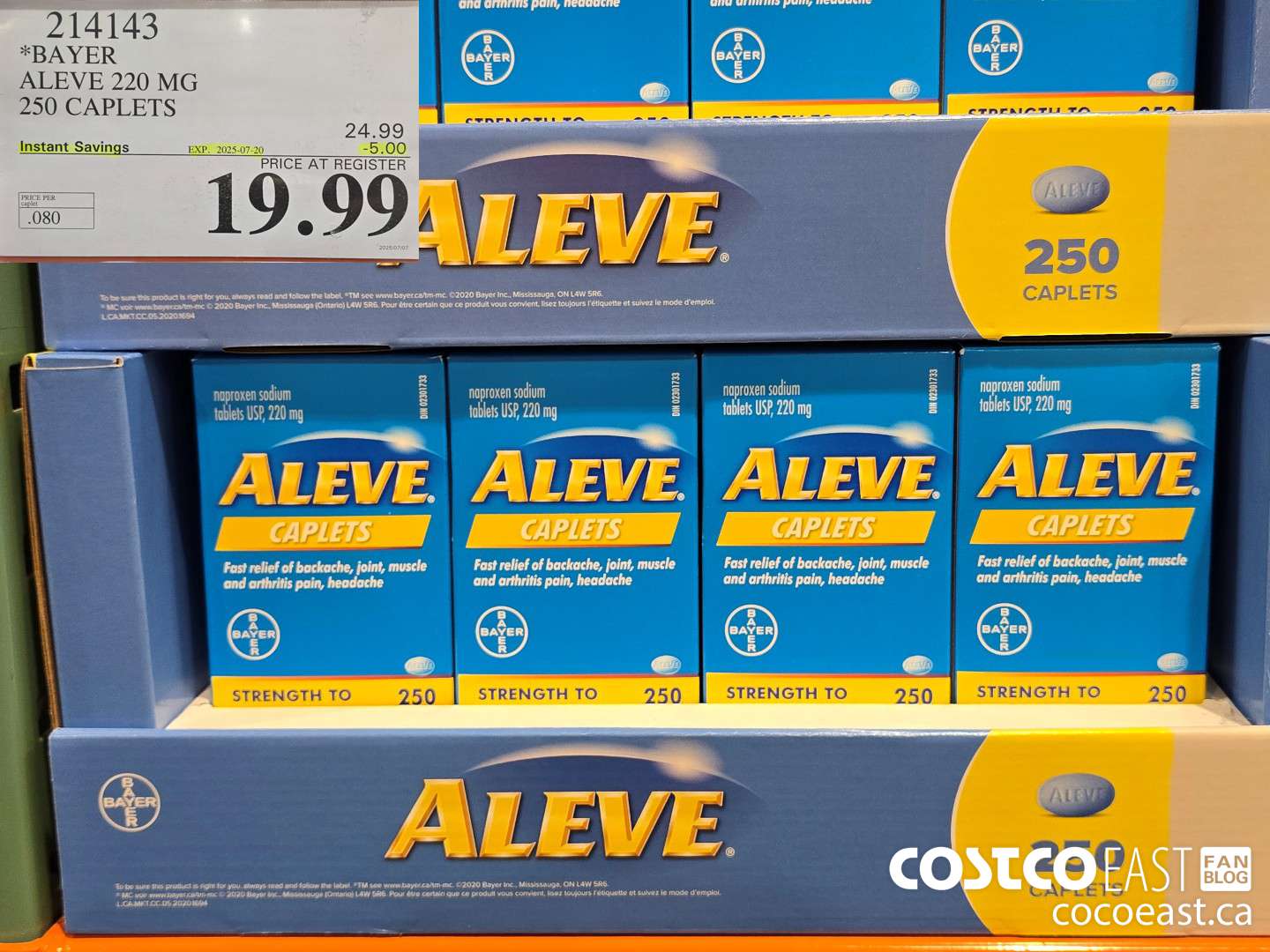 214143 BAYER ALEVE 220 MG 250 CAPLETS ($5.00 INSTANT SAVINGS EXPIRES ON 2025-07-20) $19.99