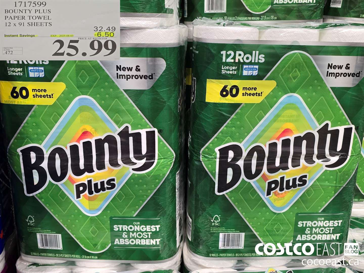1717599 BOUNTY PLUS PAPER TOWEL 12 x 91 SHEETS ($6.50 INSTANT SAVINGS EXPIRES ON 2025-08-03) $25.99