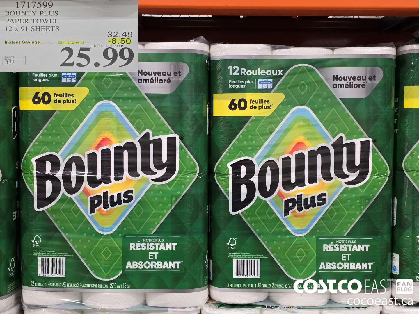 1717599 BOUNTY PLUS PAPER TOWEL 12 x 91 SHEETS ($6.50 INSTANT SAVINGS EXPIRES ON 2025-08-03) $25.99