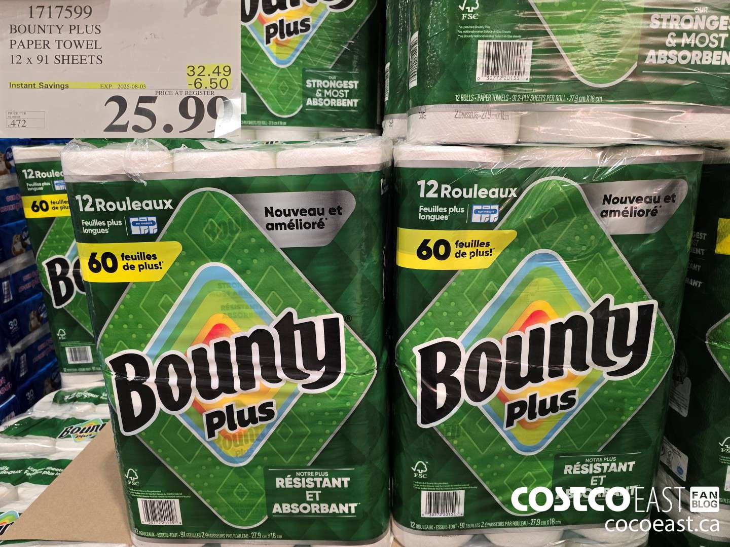 1717599 BOUNTY PLUS PAPER TOWEL 12 x 91 SHEETS ($6.50 INSTANT SAVINGS EXPIRES ON 2025-08-03) $25.99
