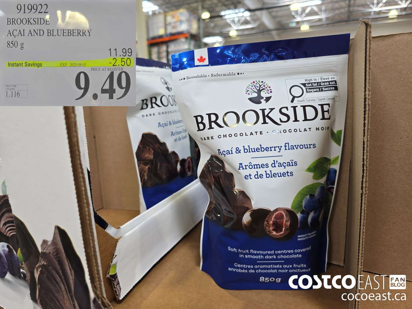 919922 BROOKSIDE ACAI AND BLUEBERRY 850 G ($2.50 INSTANT SAVINGS EXPIRES ON 2025-08-03) $9.49
