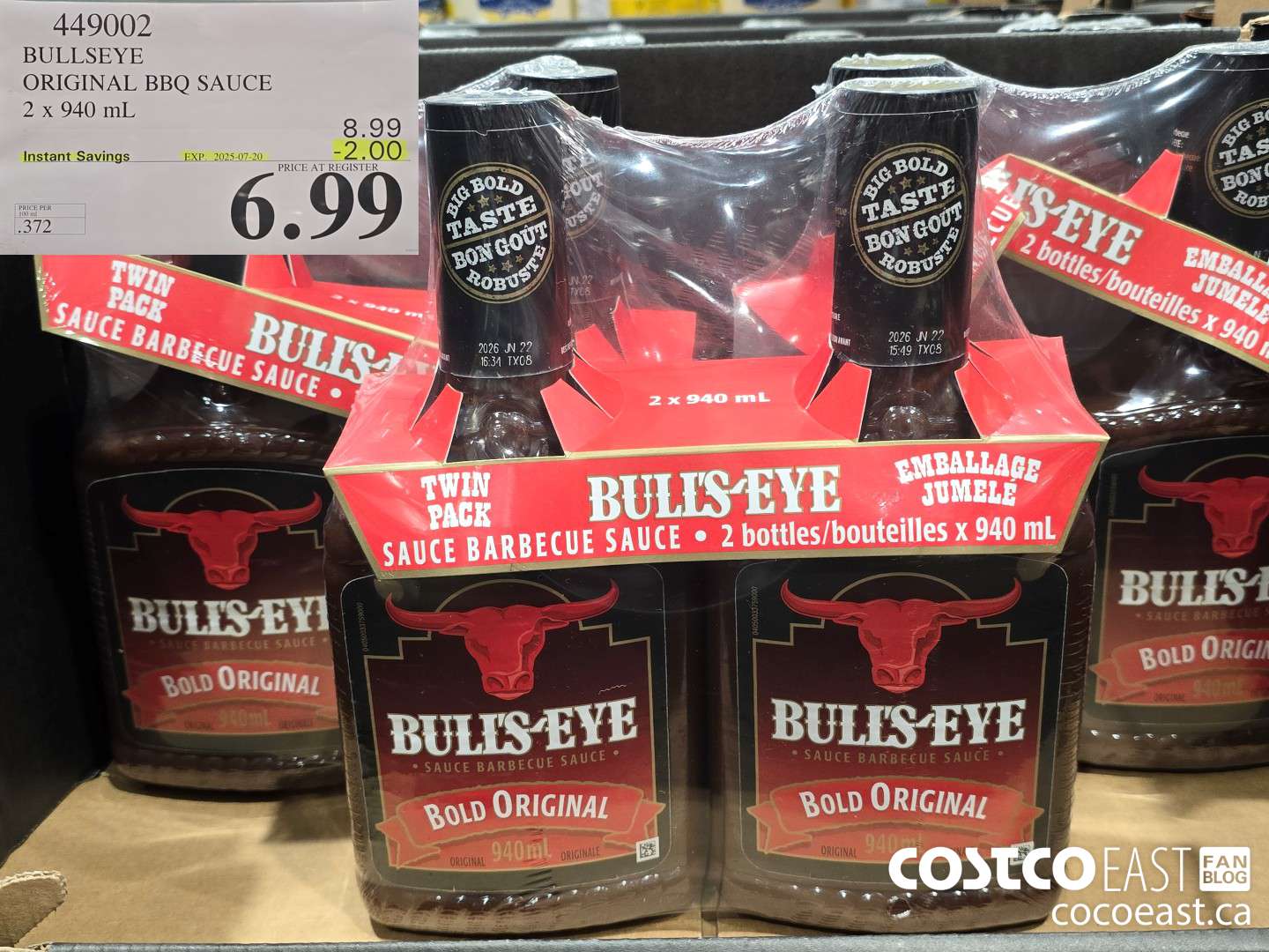 449002 BULLSEYE ORIGINAL BBQ SAUCE 2 X 940 ML ($2.00 INSTANT SAVINGS EXPIRES ON 2025-07-20) $6.99