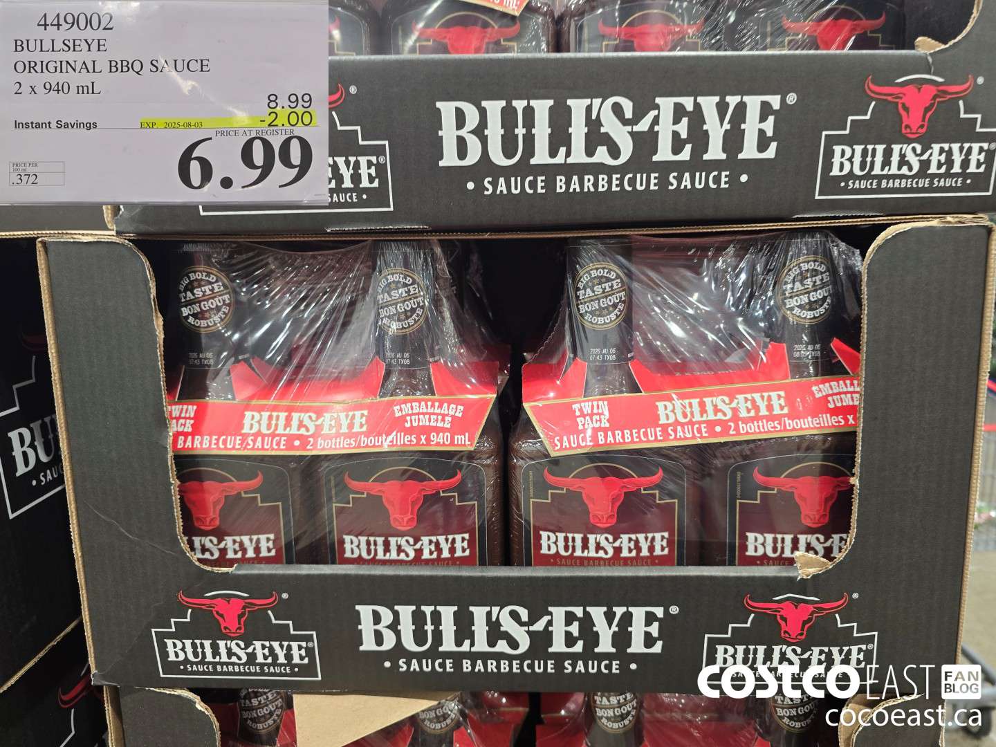 449002 BULLSEYE ORIGINAL BBQ SAUCE 2 X 940 ML ($2.00 INSTANT SAVINGS EXPIRES ON 2025-08-03) $6.99