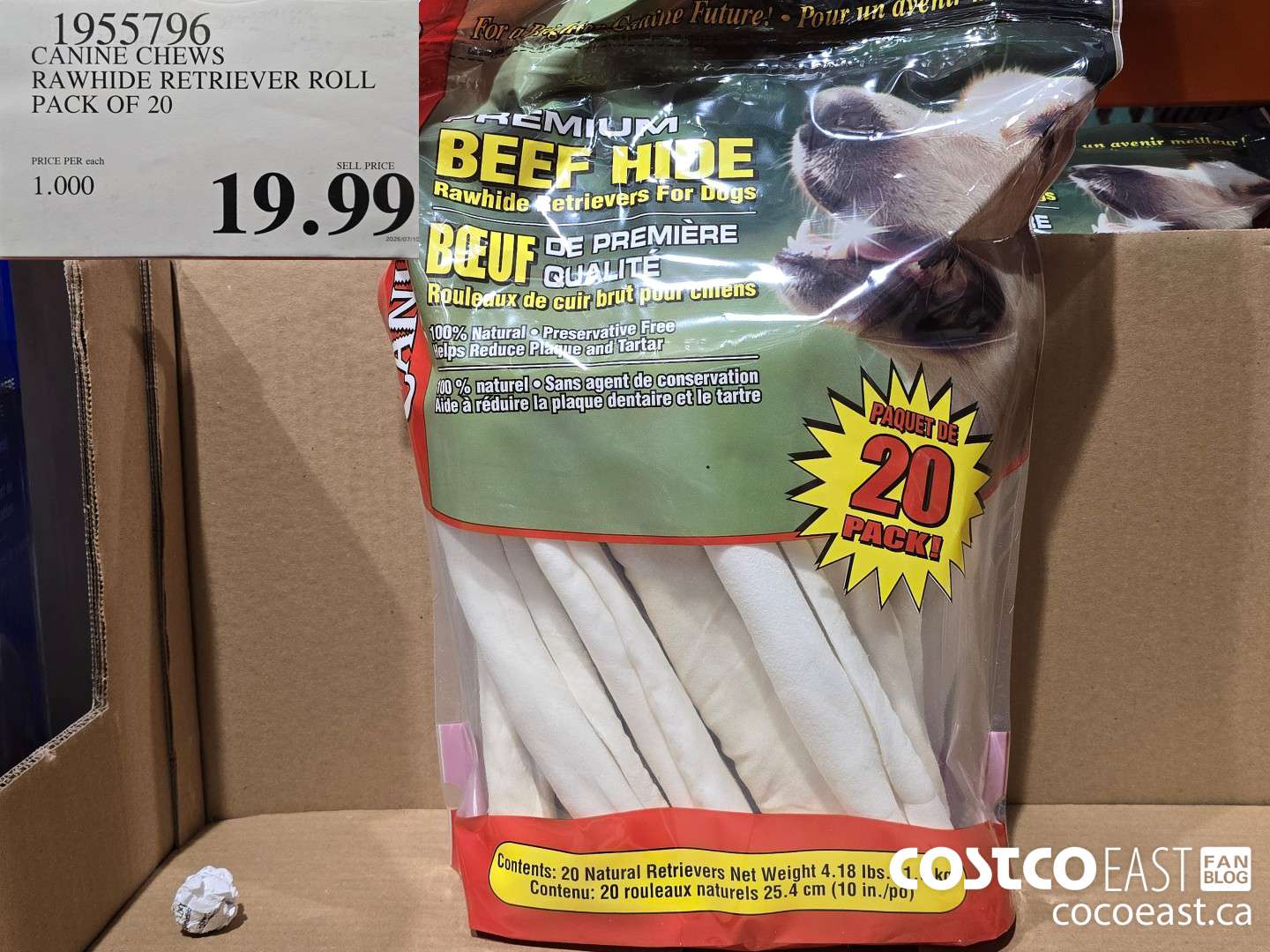 1955796 CANINE CHEWS RAWHIDE RETRIEVER ROLL PACK OF 20 $19.99