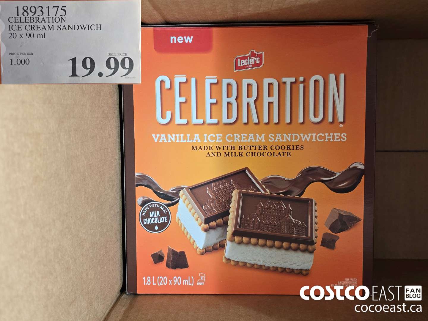1893175 CELEBRATION ICE CREAM SANDWICH 20 x 90 ml PRICE PER each SELL PRICE mon. 19.  $19.99