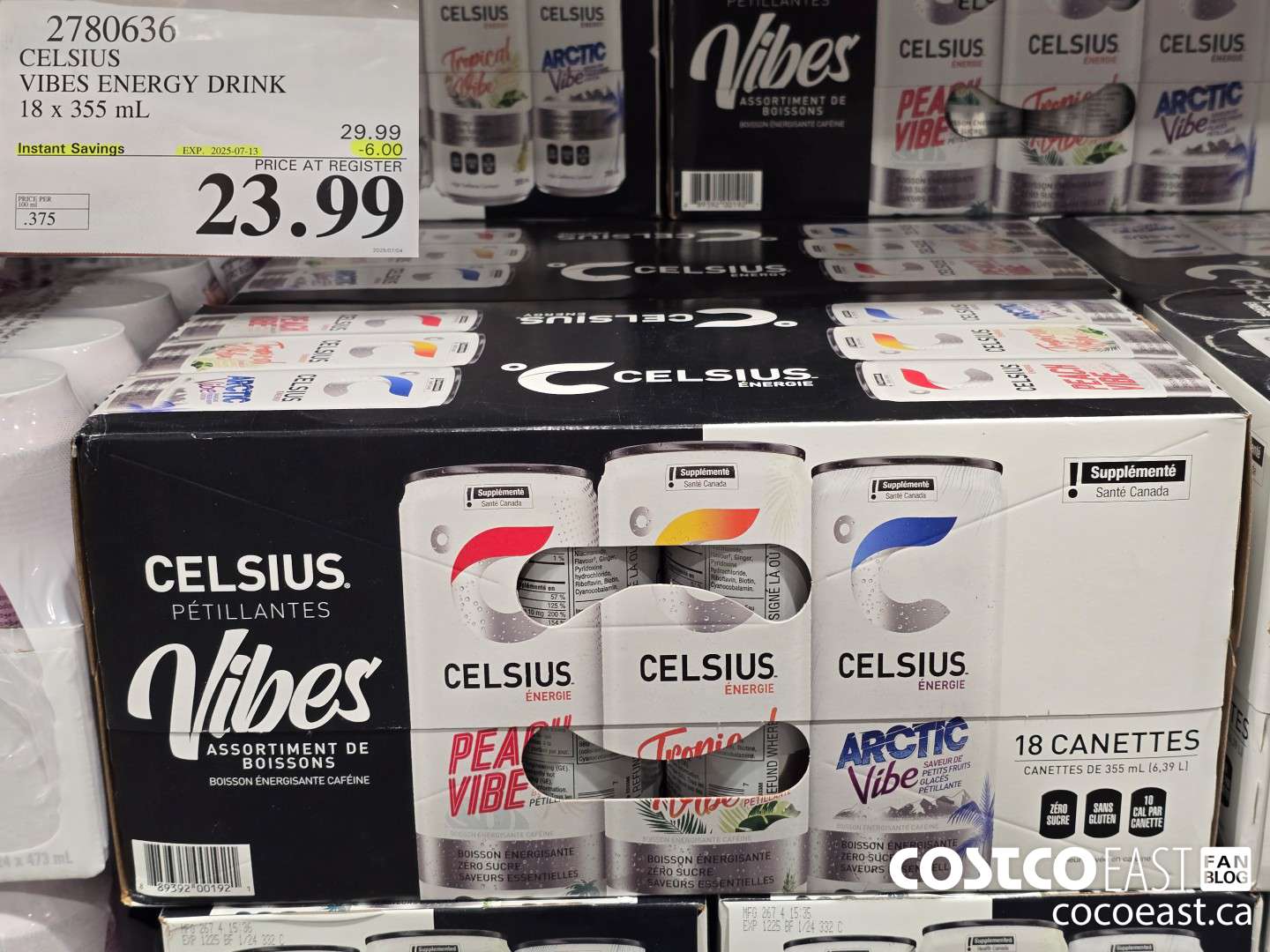 2780636 CELSIUS VIBES ENERGY DRINK 18 X 355 ML ($6.00 INSTANT SAVINGS EXPIRES ON 2025-07-13) $23.99
