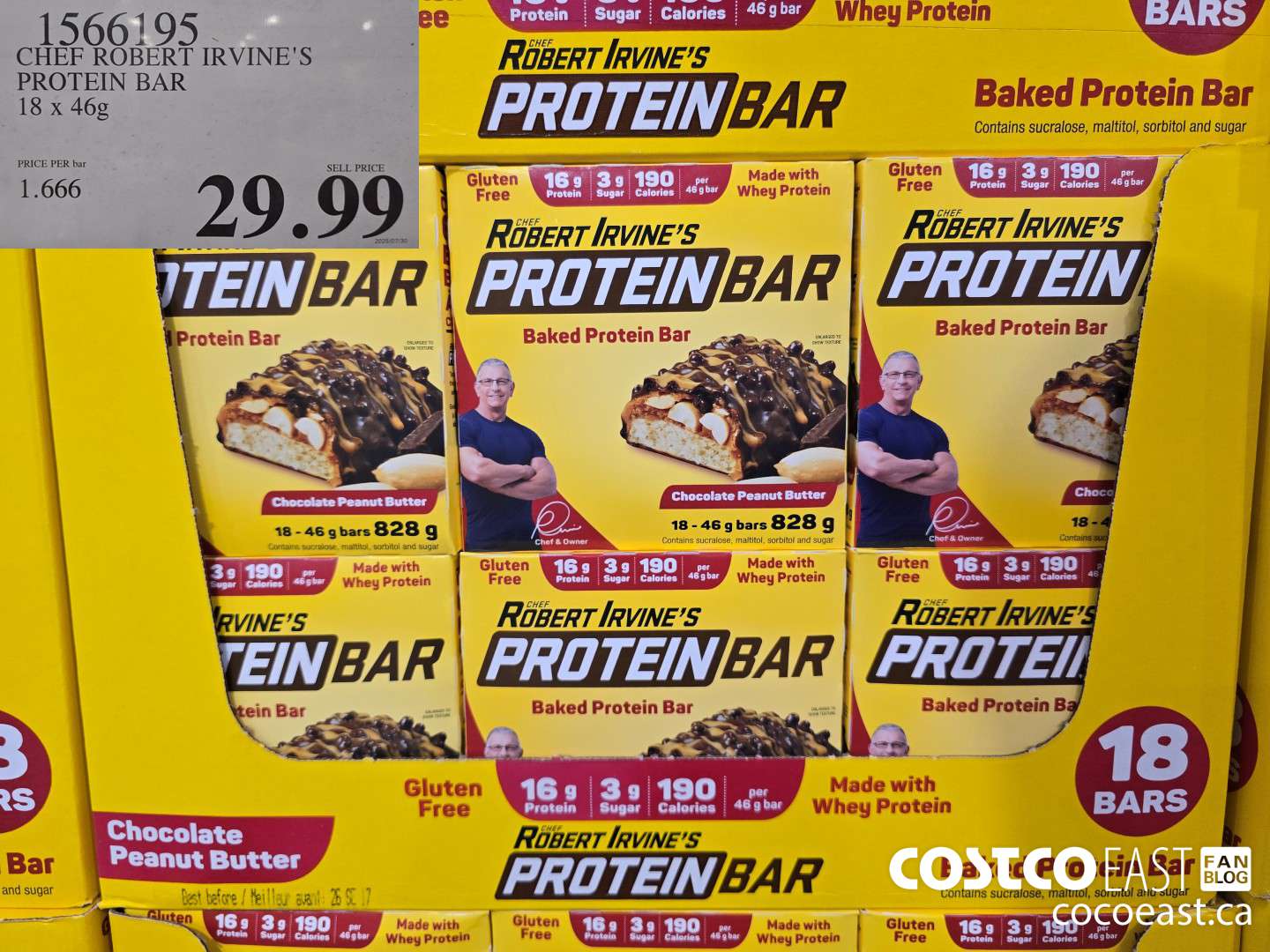 1566195 CHEF ROBERT IRVINE'S PROTEIN BAR 18 x 46 g $29.99