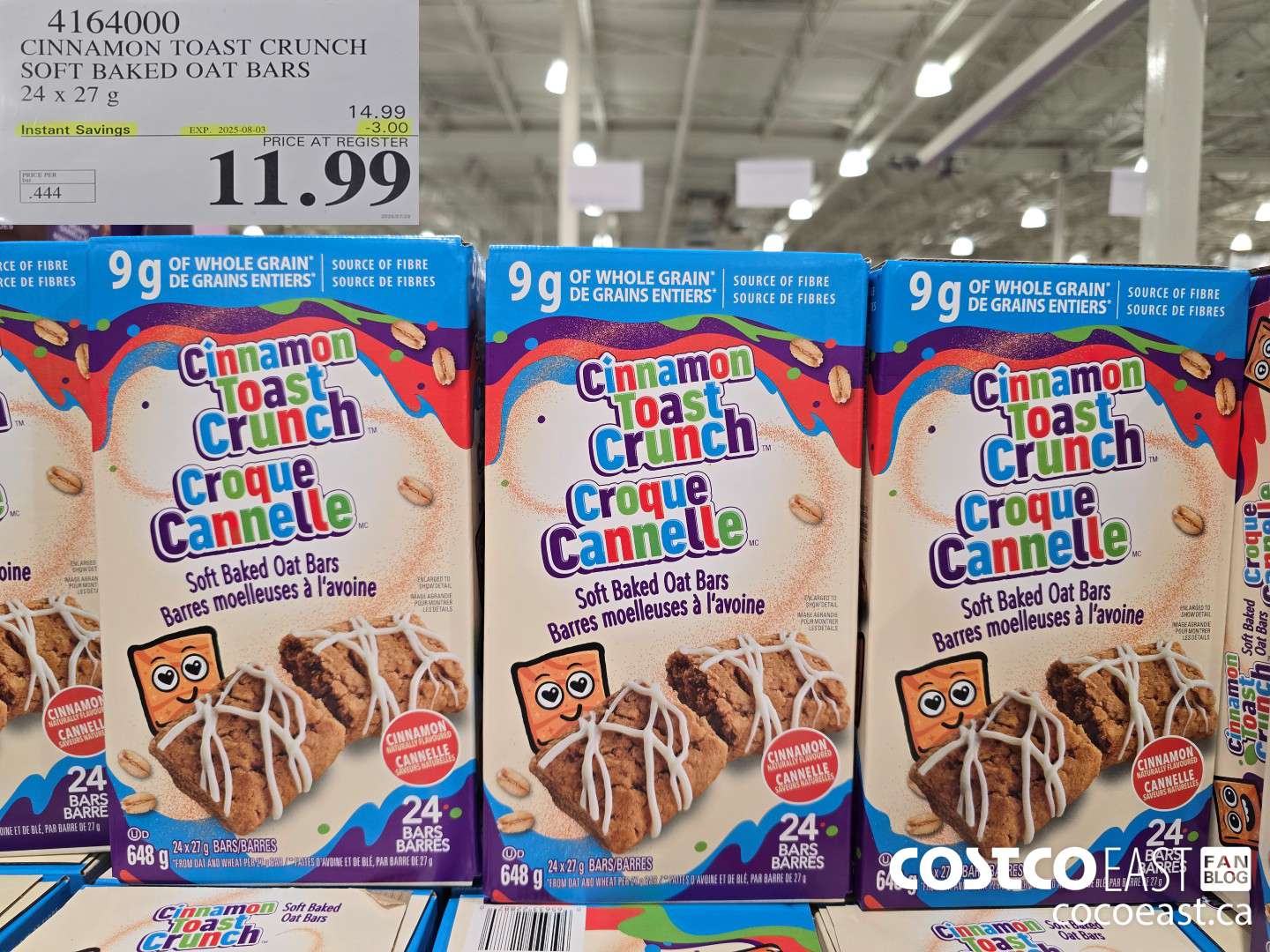 4164000 CINNAMON TOAST CRUNCH SOFT BAKED OAT BARS 24x27 G ($3.00 INSTANT SAVINGS EXPIRES ON 2025-08-03) $11.99