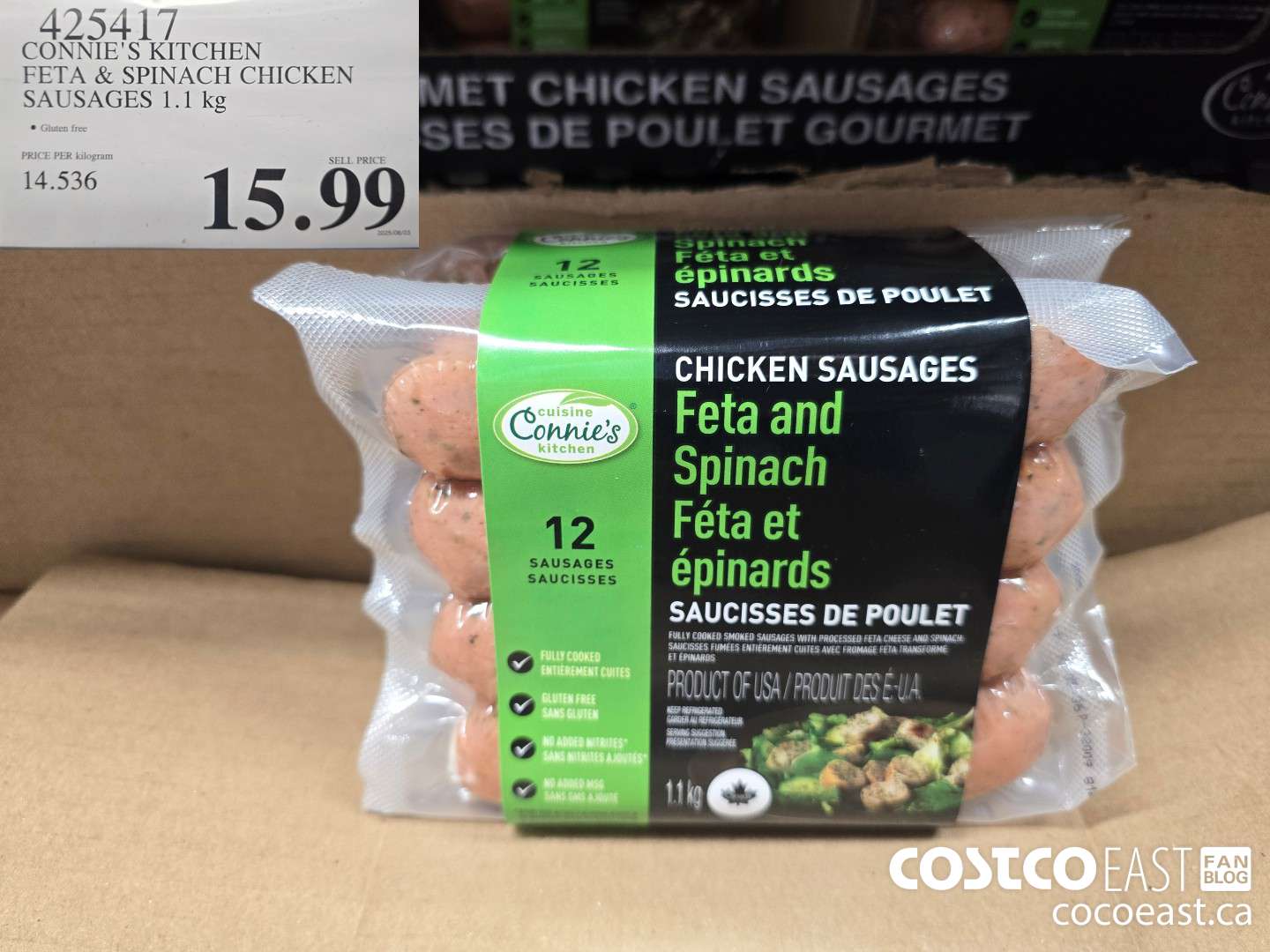 425417 CONNIE'S KITCHEN FETA & SPINACH CHICKEN SAUSAGES 1.1 KG $15.99