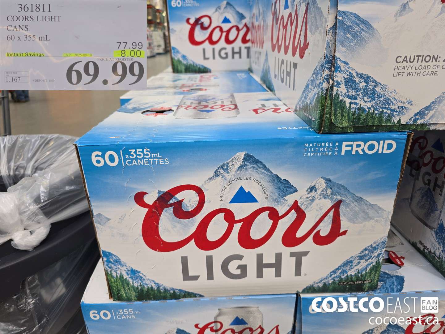 361811 COORS LIGHT CANETTES 60 x 355 ml ($8.00 INSTANT SAVINGS EXPIRES ON 2025-08-10) $69.99