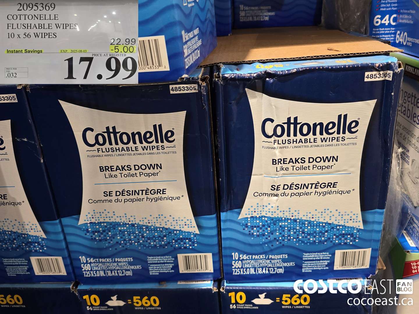 2095369 COTTONELLE FLUSHABLE WIPES 10 X 56 WIPES ($5.00 INSTANT SAVINGS EXPIRES ON 2025-08-03) $17.99