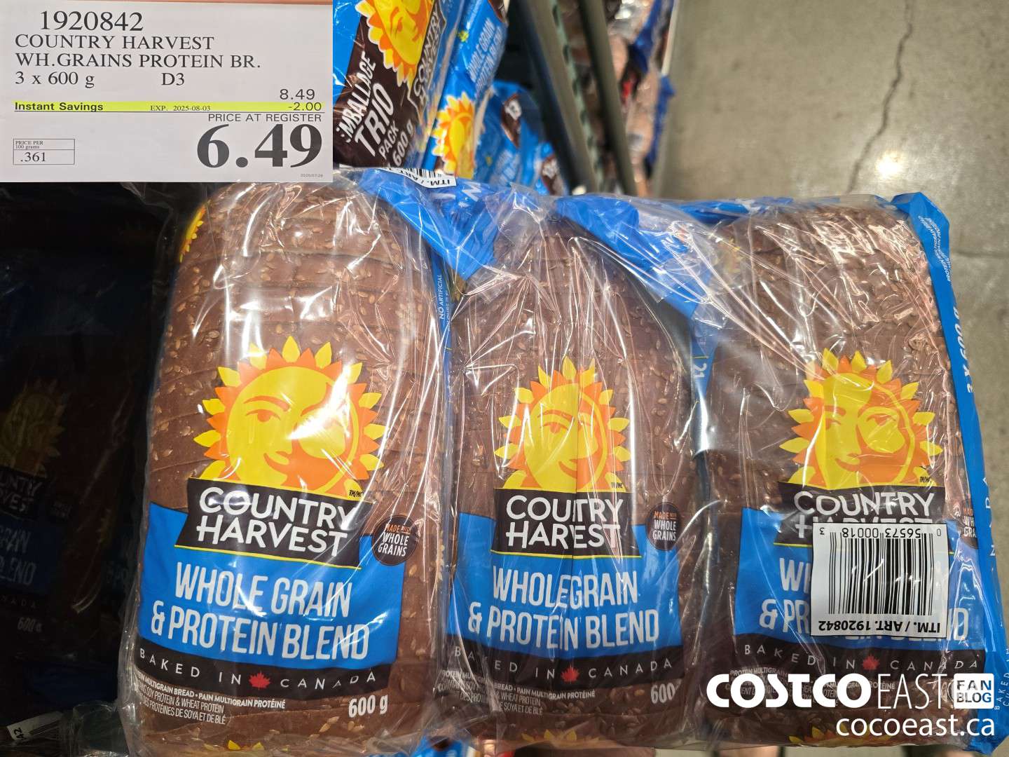 1920842 COUNTRY HARVEST WH.GRAINS PROTEIN BR. 3 X 600 G ($2.00 INSTANT SAVINGS EXPIRES ON 2025-08-03) $6.49