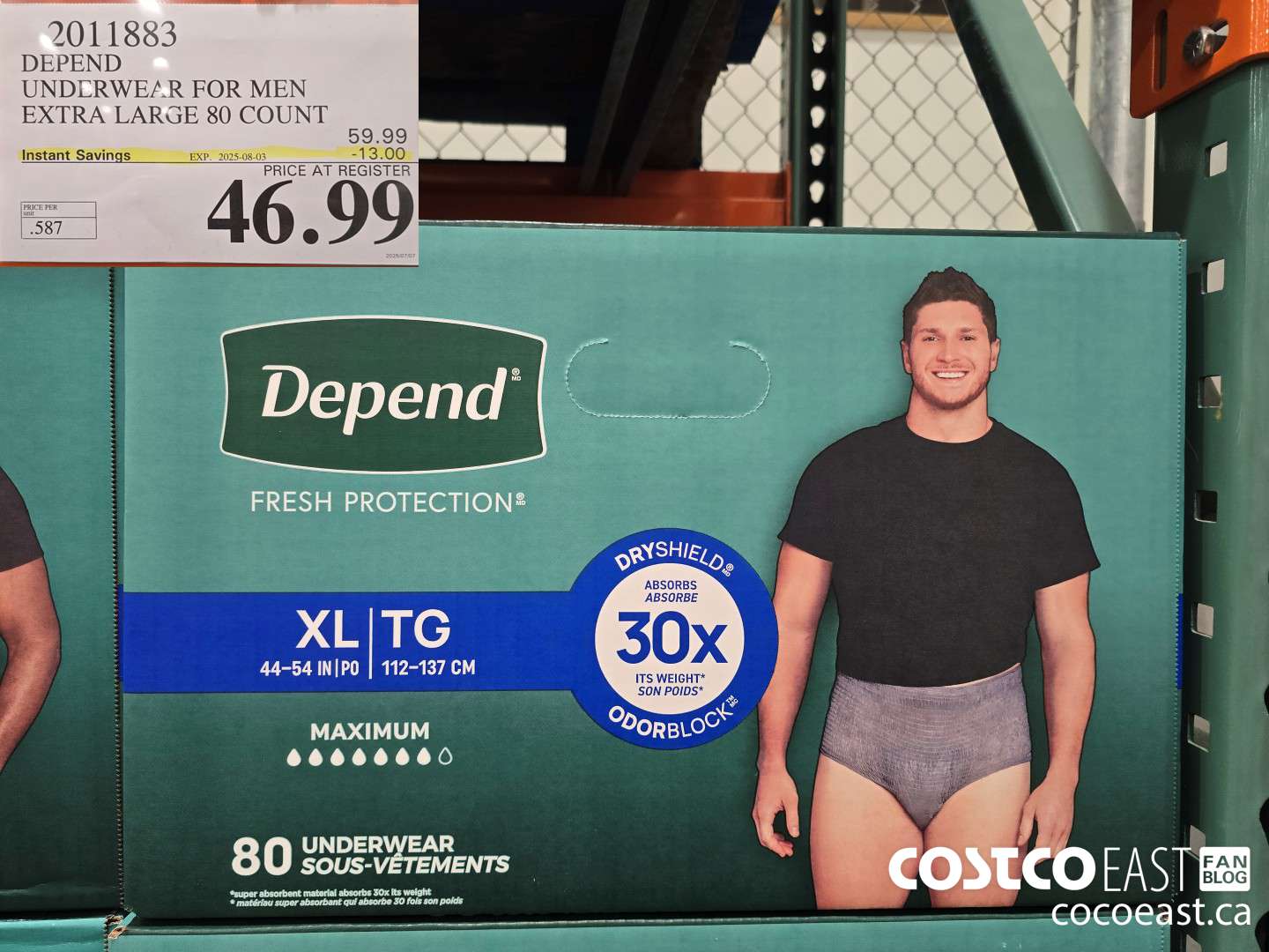2011883 DEPEND UNDERWEAR FOR MEN EXTRA LARGE 80 COUNT ($13.00 INSTANT SAVINGS EXPIRES ON 2025-08-03) $46.99