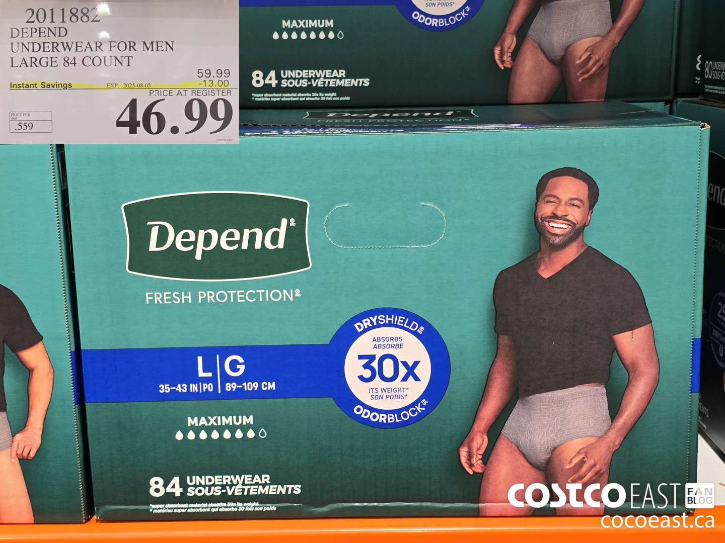 2011882 DEPEND UNDERWEAR FOR MEN LARGE 84 COUNT ($13.00 INSTANT SAVINGS EXPIRES ON 2025-08-03) $46.99