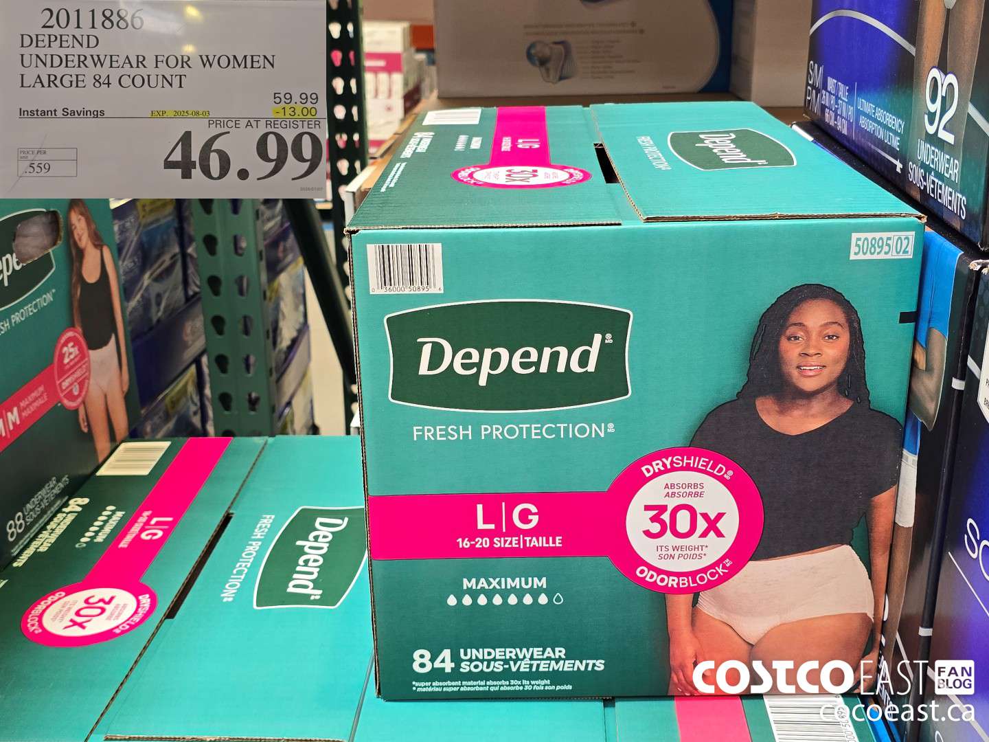 2011886 DEPEND UNDERWEAR FOR WOMEN LARGE 84 COUNT ($13.00 INSTANT SAVINGS EXPIRES ON 2025-08-03) $46.99