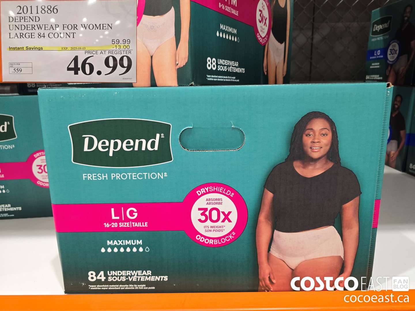 2011886 DEPEND UNDERWEAR FOR WOMEN LARGE 84 COUNT ($13.00 INSTANT SAVINGS EXPIRES ON 2025-08-03) $46.99