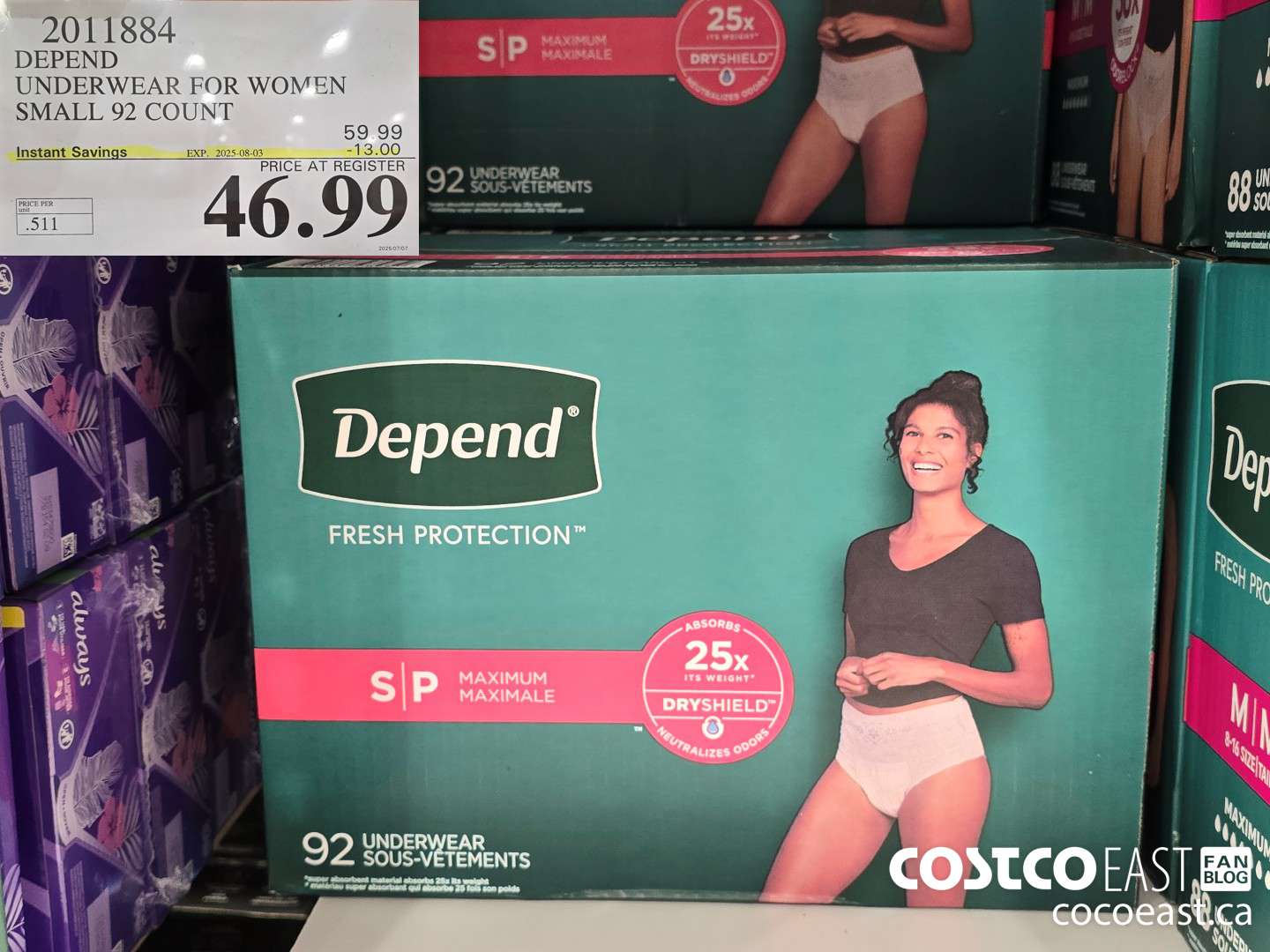 2011884 DEPEND UNDERWEAR FOR WOMEN SMALL 92 COUNT ($13.00 INSTANT SAVINGS EXPIRES ON 2025-08-03) $46.99