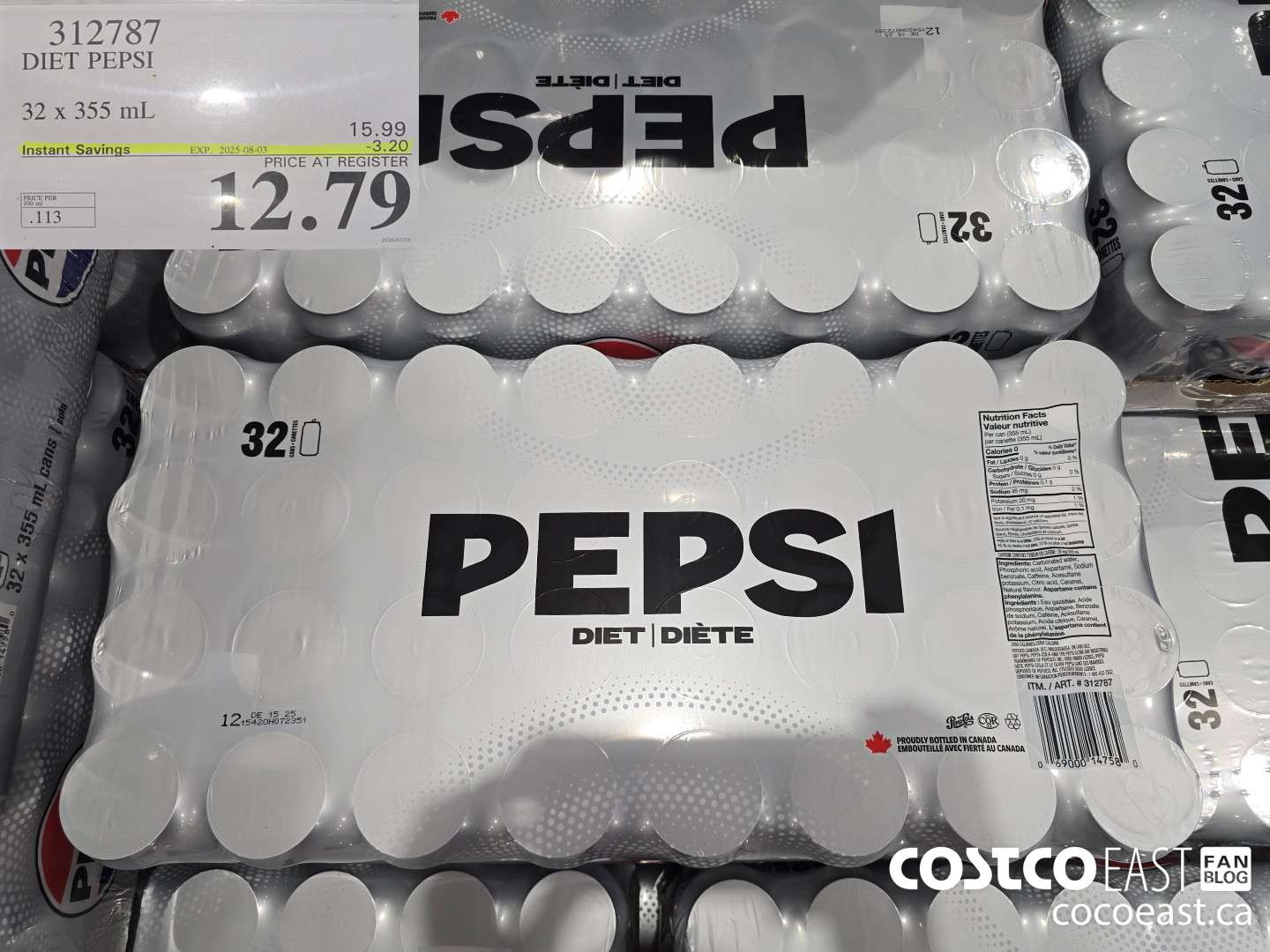 312787 DIET PEPSI 32 X 355 ML ($3.20 INSTANT SAVINGS EXPIRES ON 2025-08-03) $12.79