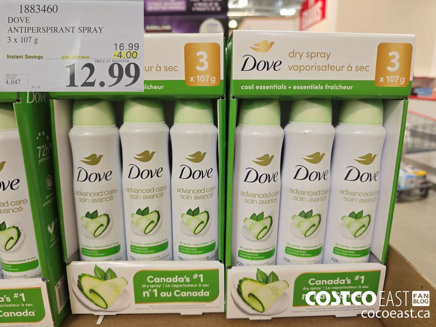1883460 DOVE ANTIPERSPIRANT SPRAY 3 x 107 g ($4.00 INSTANT SAVINGS EXPIRES ON 2025-08-03) $12.99